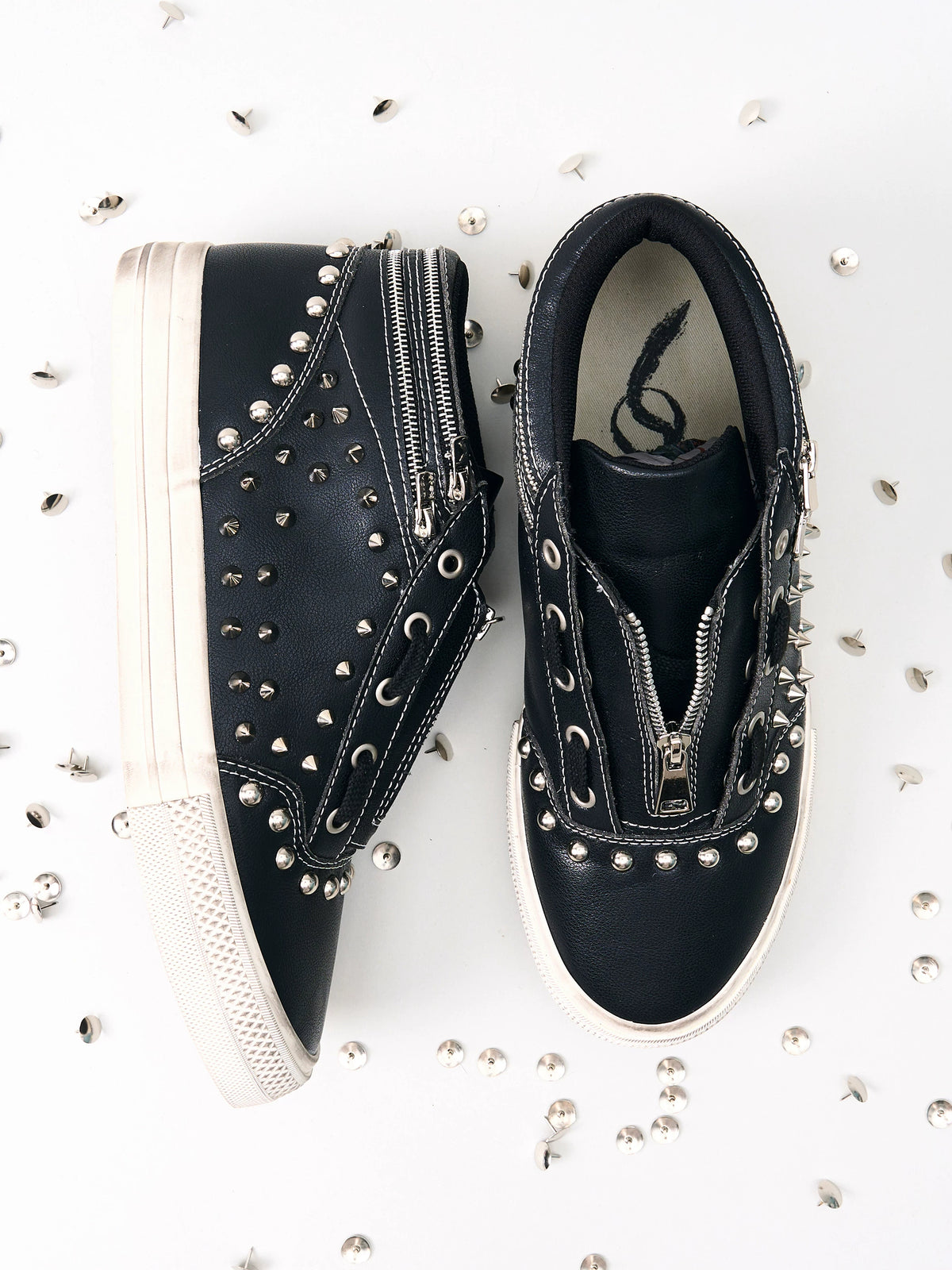 Fourth3ex Studded Double Zip Mid-Top Sneakers - Black top and side flat lay