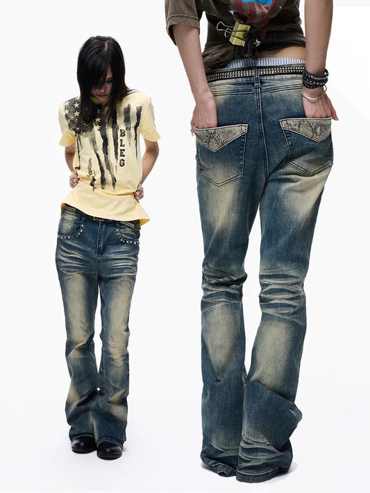 Lightinus Studded Snakeskin Pocket Flare Jeans - front and back view
