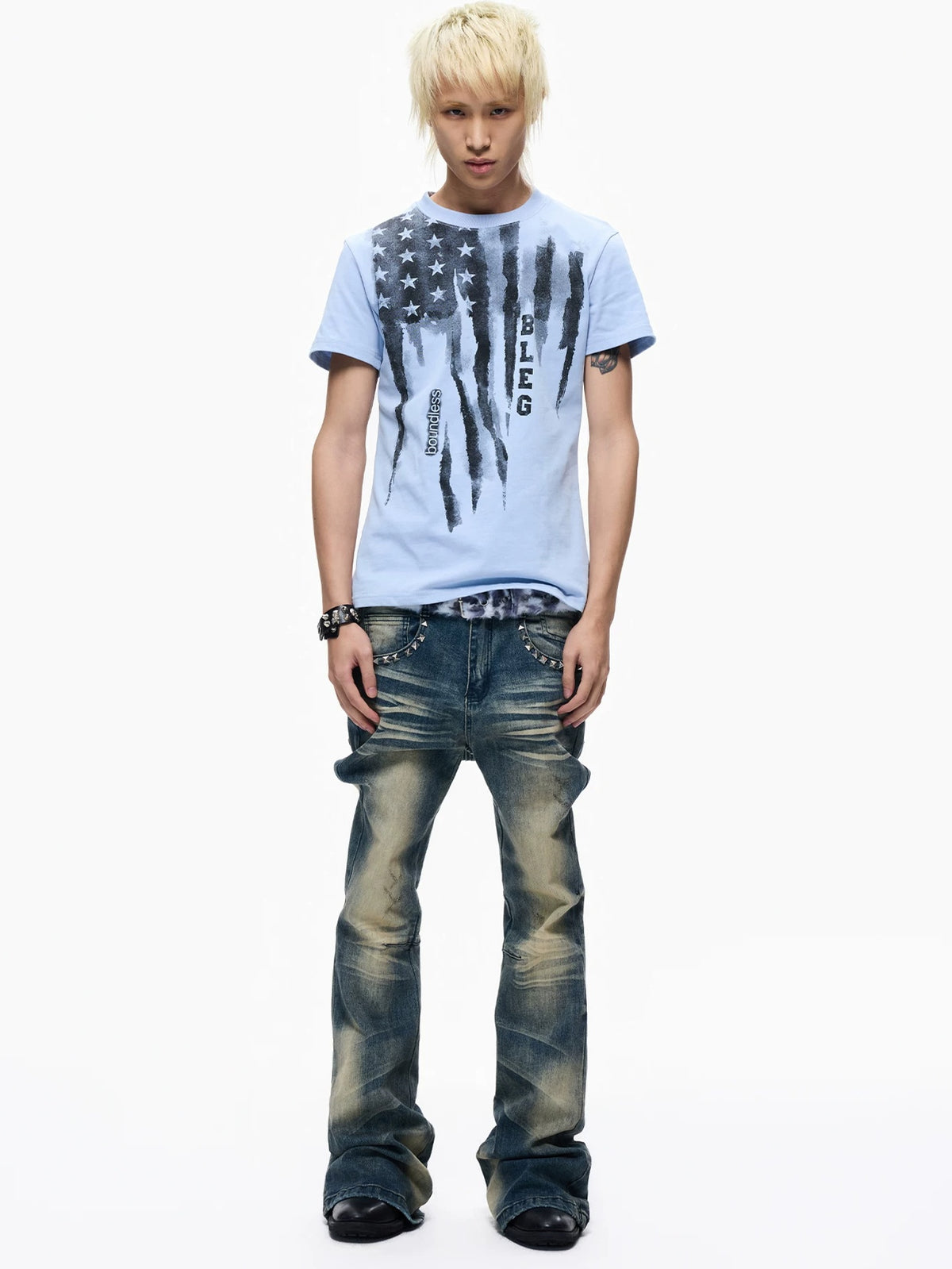 Lightinus Studded Snakeskin Pocket Flare Jeans - model look