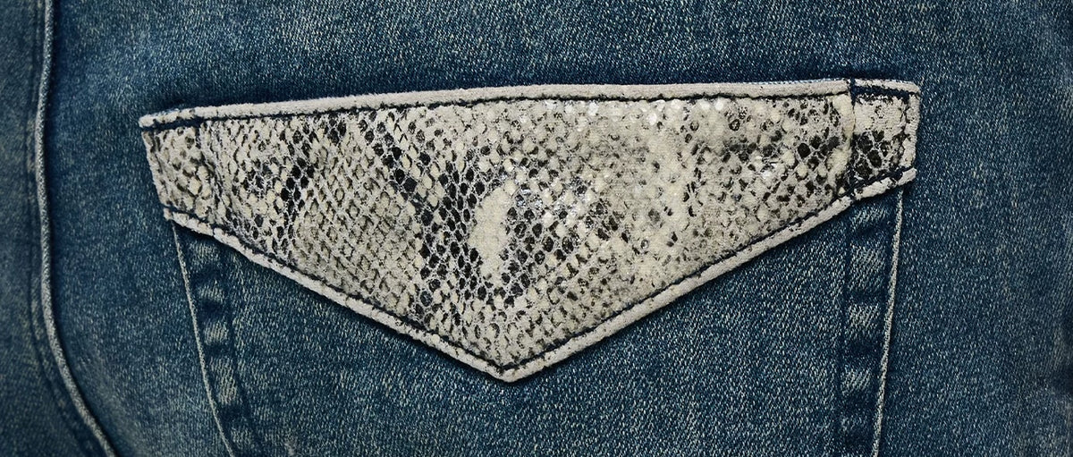 Lightinus Studded Snakeskin Pocket Flare Jeans - snakeskin back pocket detail