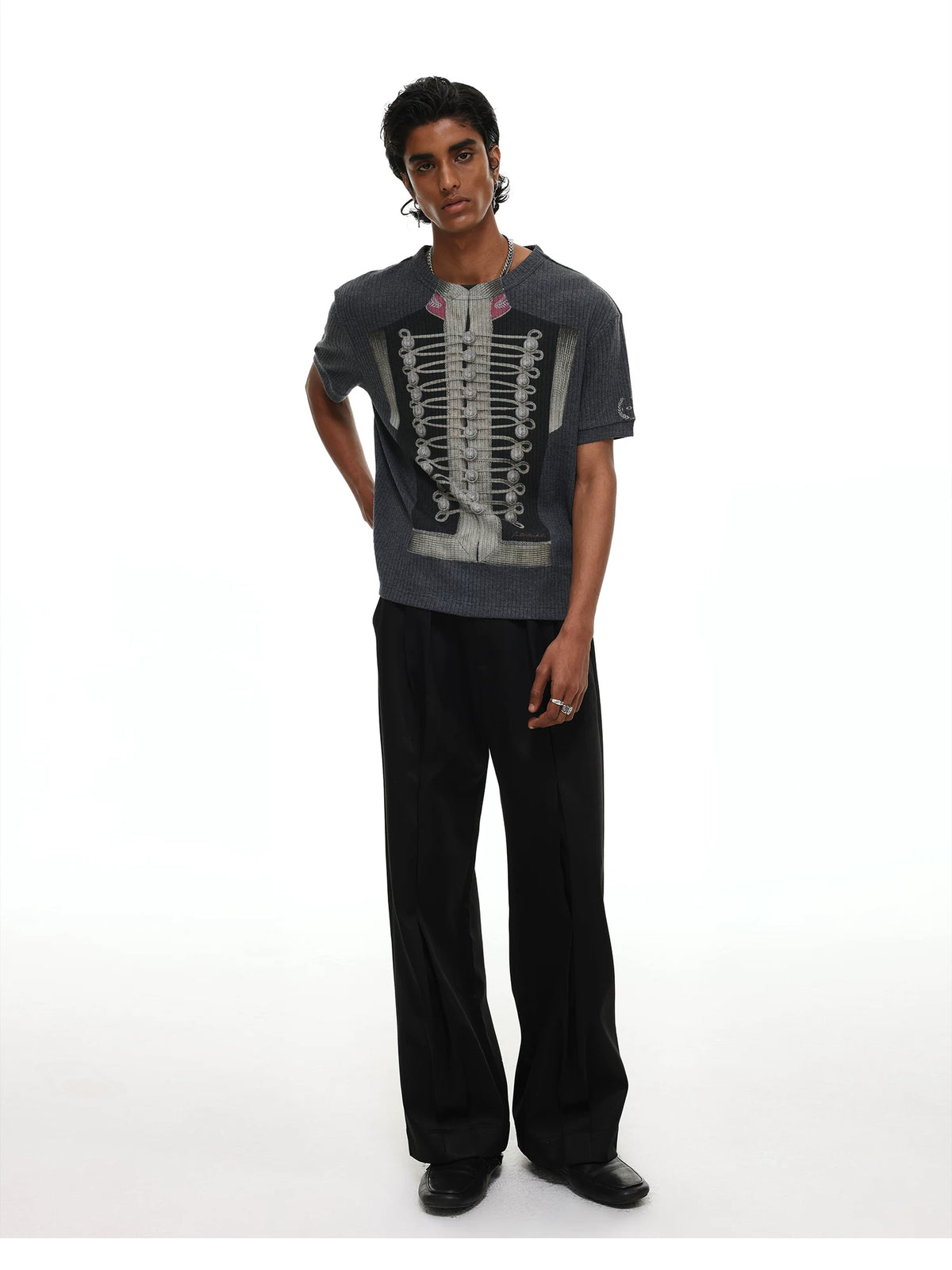 Napoleon Military Jacket Print Ribbed T-Shirt - Grey full-length look