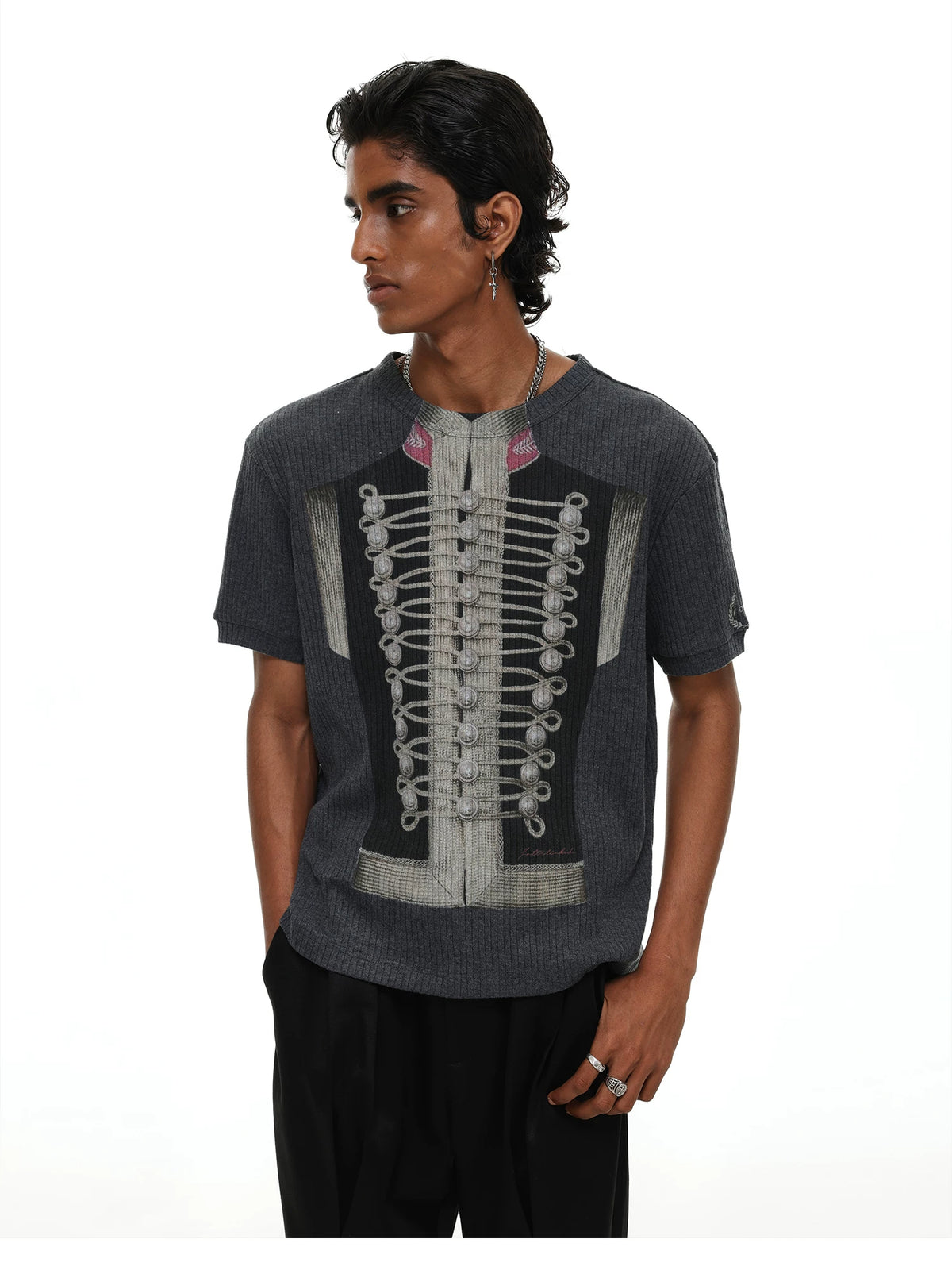 Napoleon Military Jacket Print Ribbed T-Shirt - Grey three-quarter view