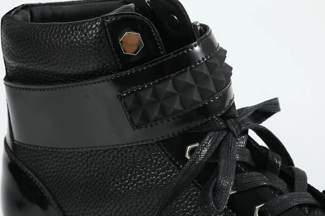 noEmosen Studded Velcro Patent Leather High-Top Sneakers - Black studded ankle strap detail