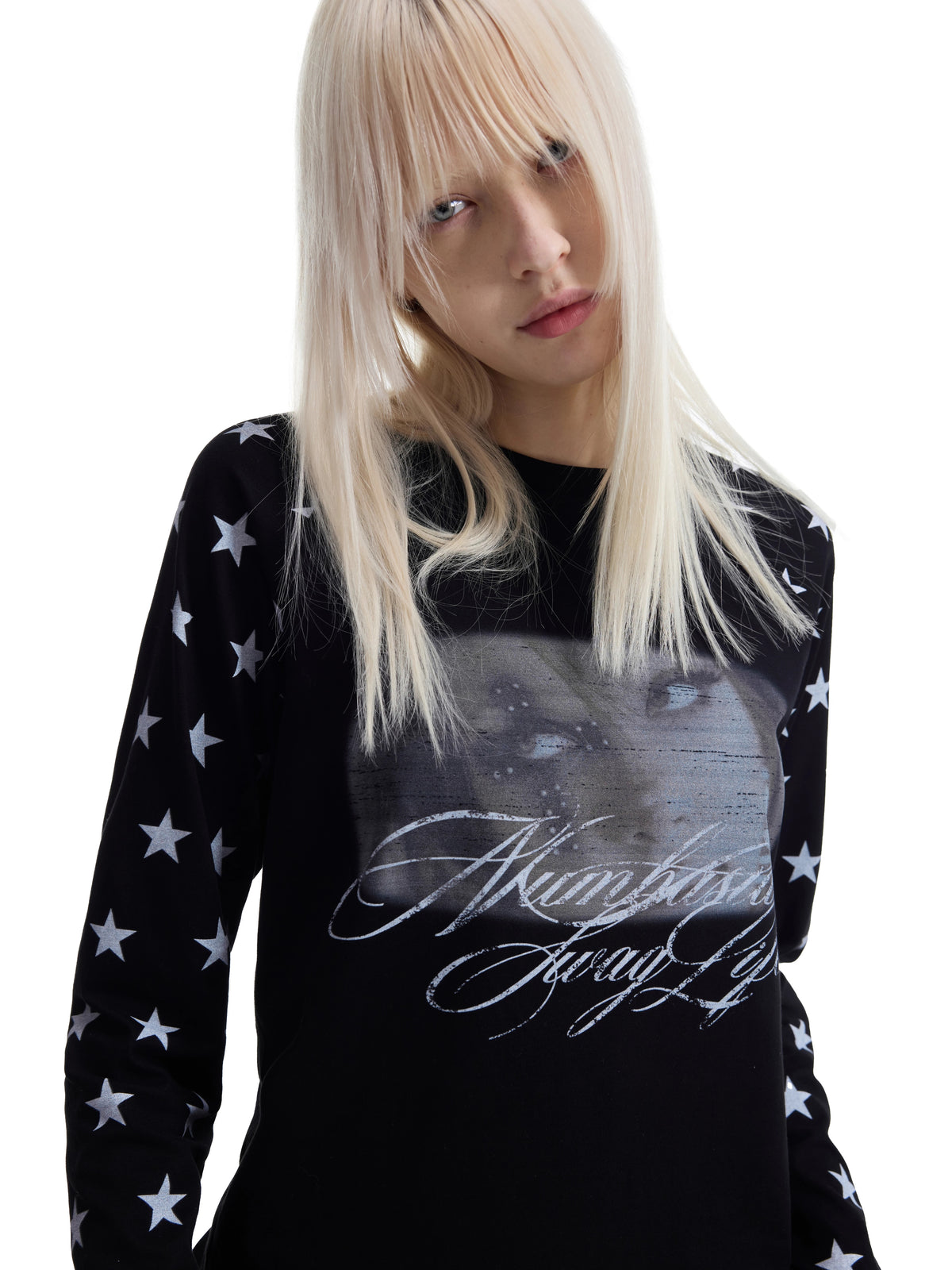 Star Raglan Portrait Script Print Long Sleeve Tee - Black close-up front graphic