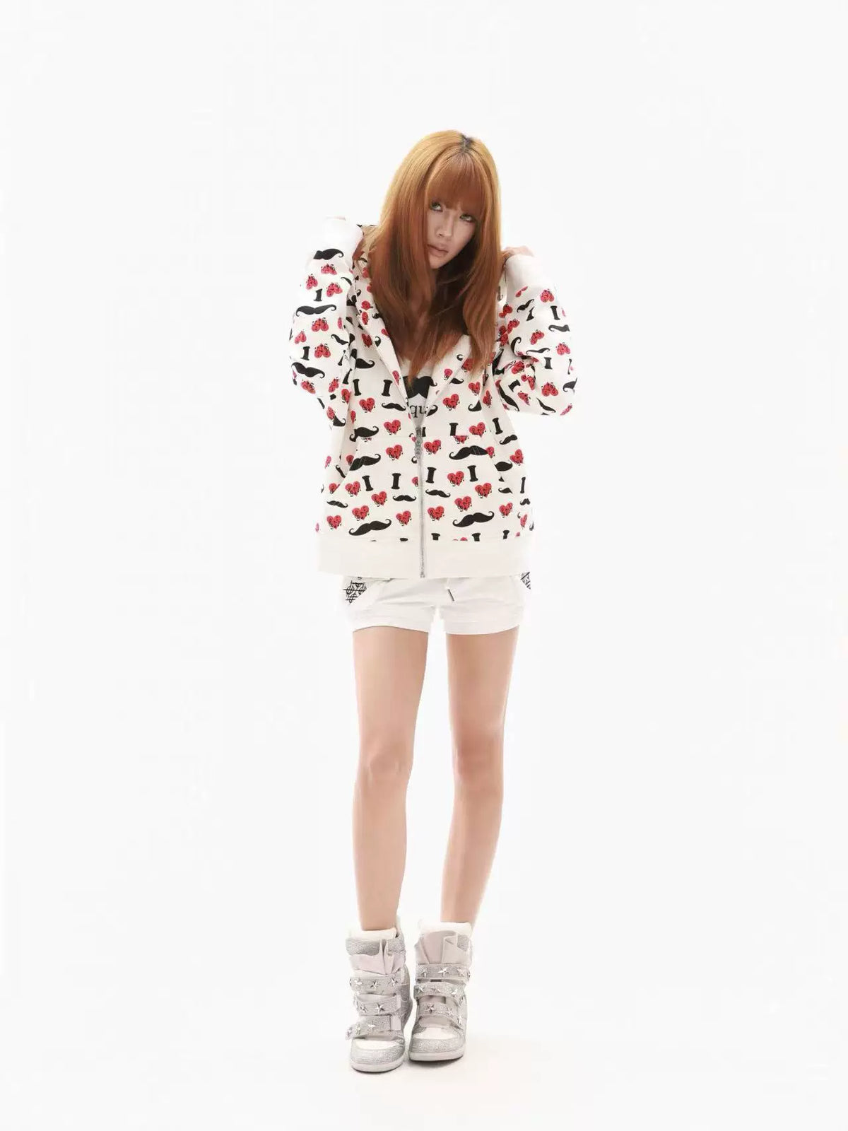 Heart & Mustache Print Cropped Zip-Up Hoodie - view 10