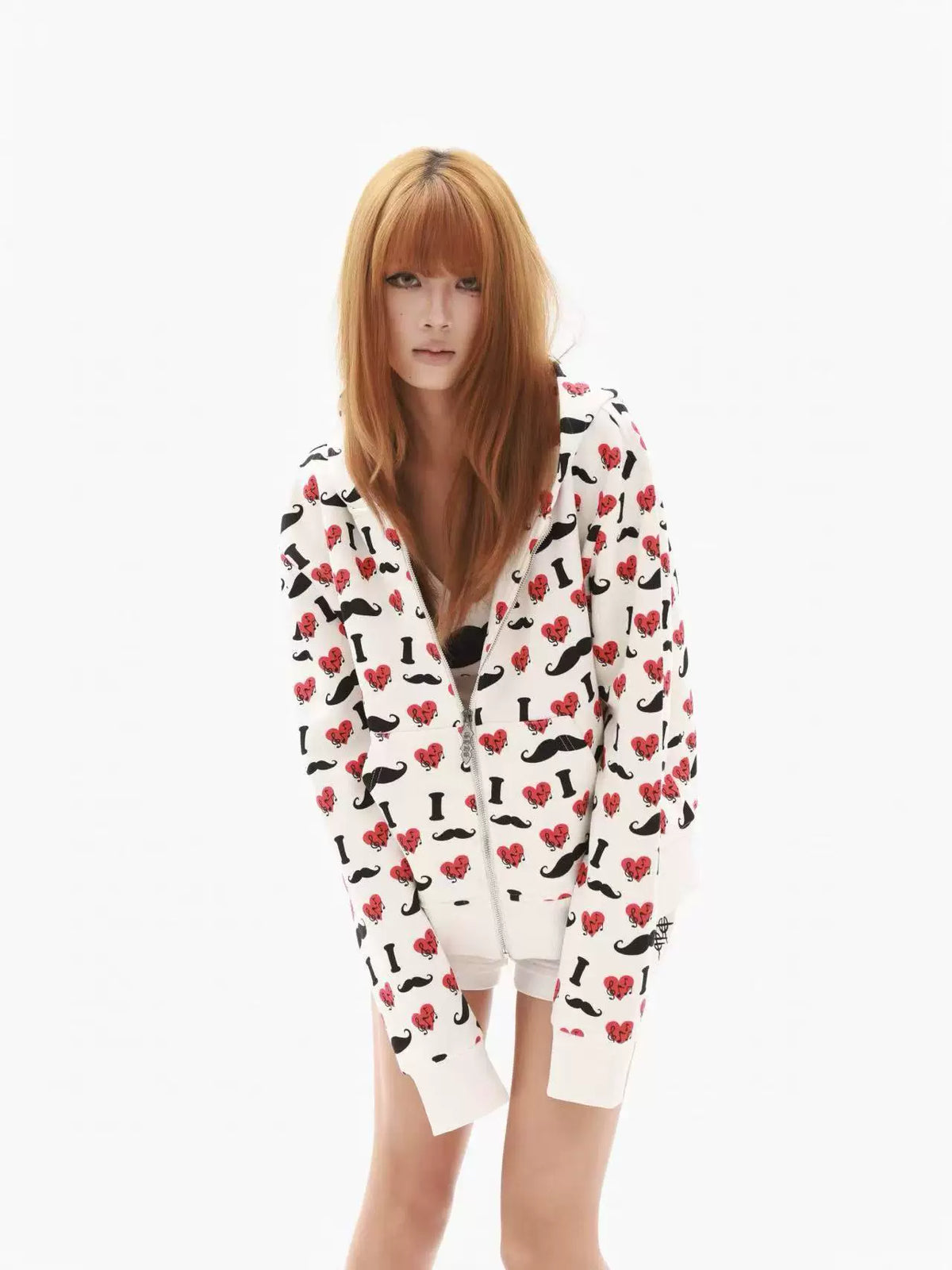 Heart & Mustache Print Cropped Zip-Up Hoodie - view 12