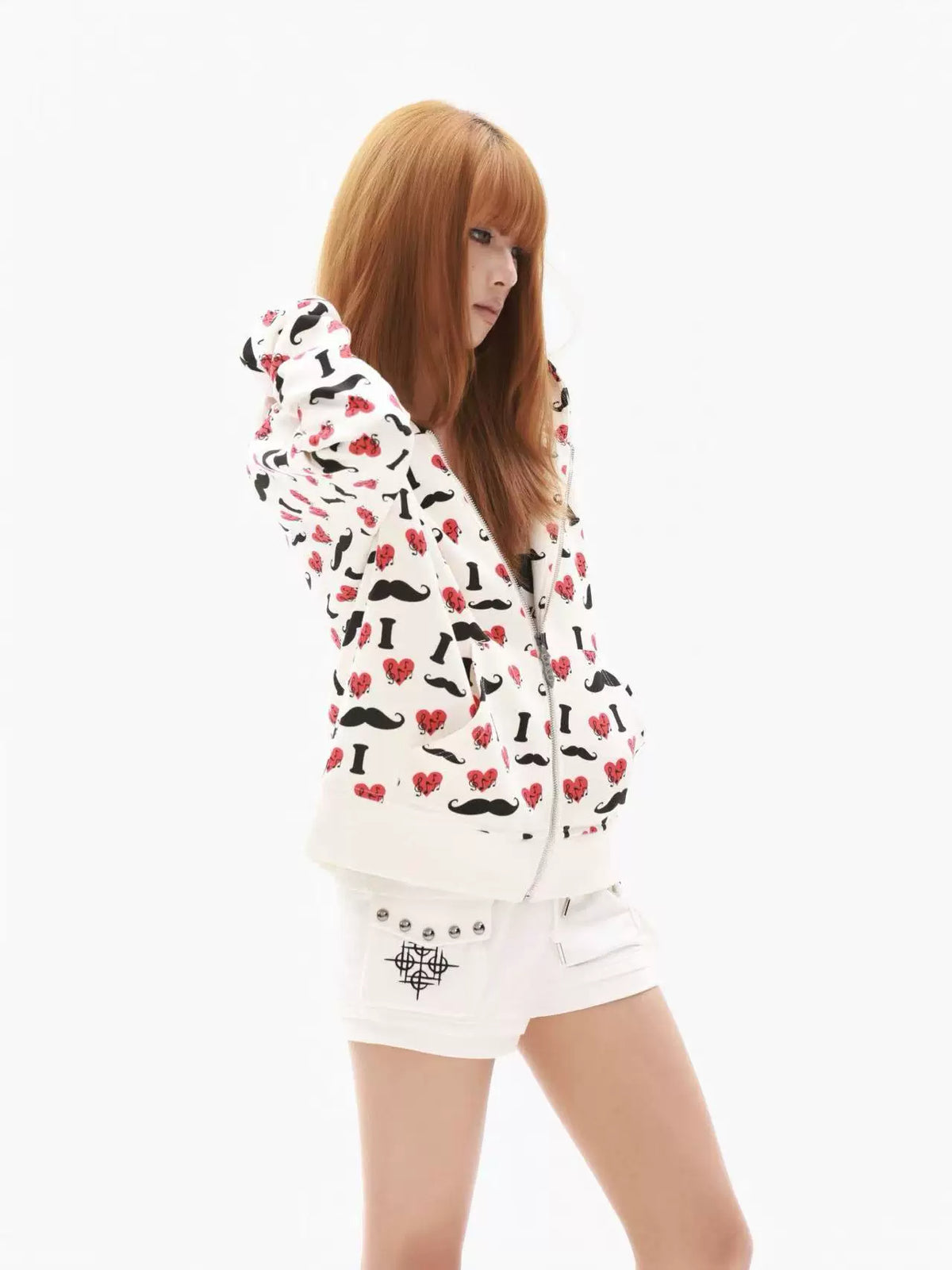Heart & Mustache Print Cropped Zip-Up Hoodie - view 14
