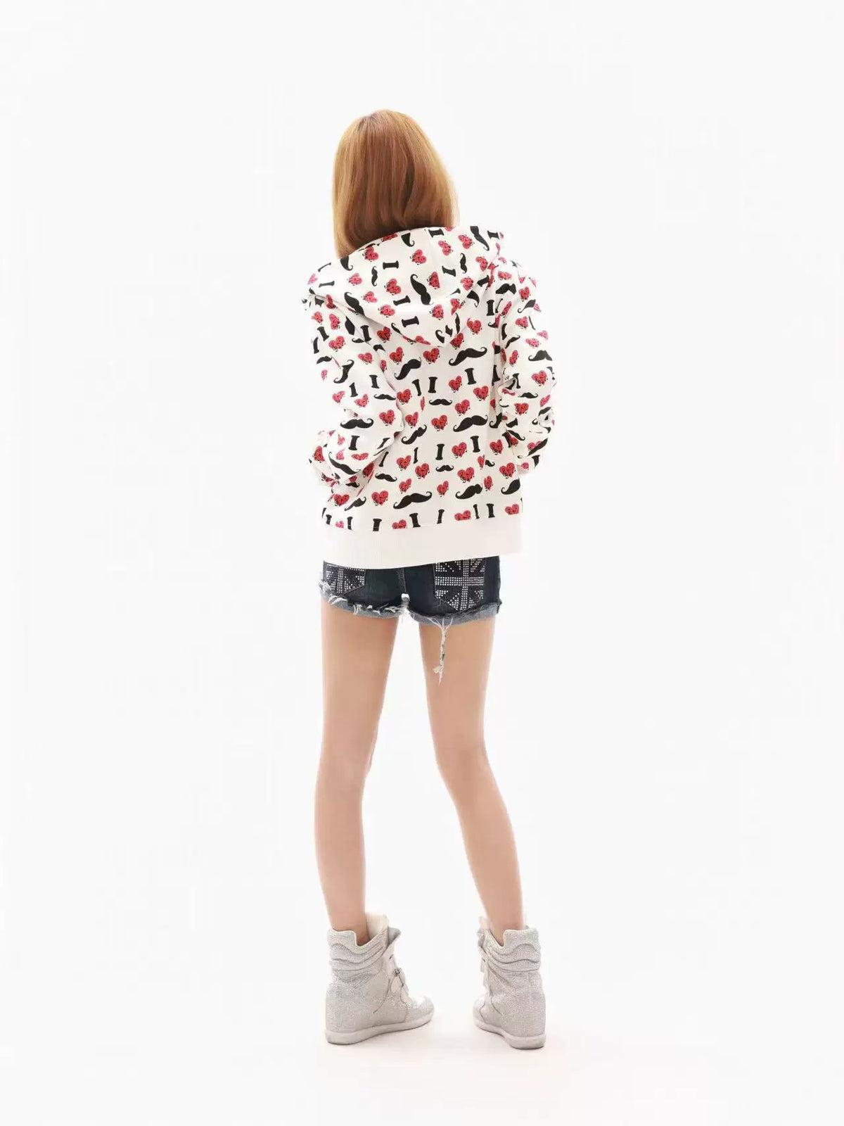 Heart & Mustache Print Cropped Zip-Up Hoodie - view 26