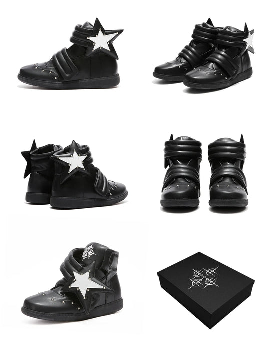 DETW Bootleg Star Studded Velcro High-Top Sneakers - Black multi-angle view with box