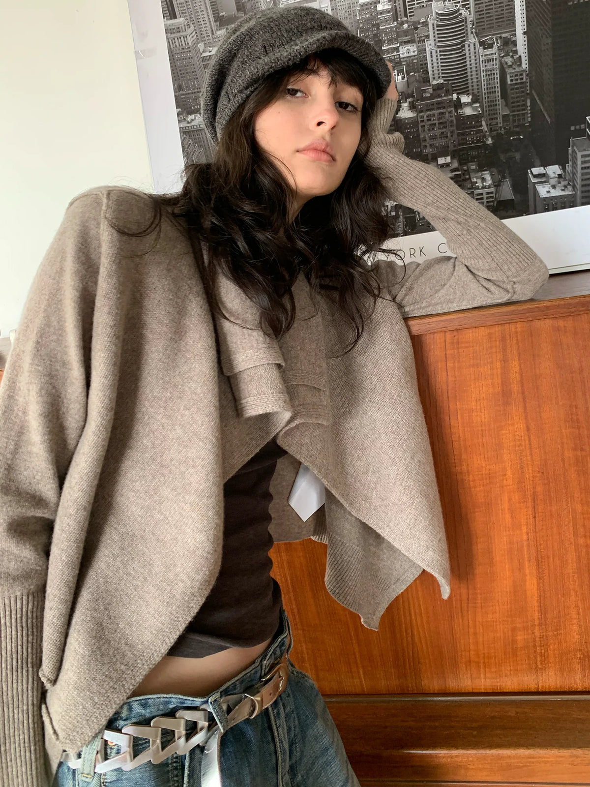 Origami Double-Layer Drape Knit Cardigan - Heather Taupe styled