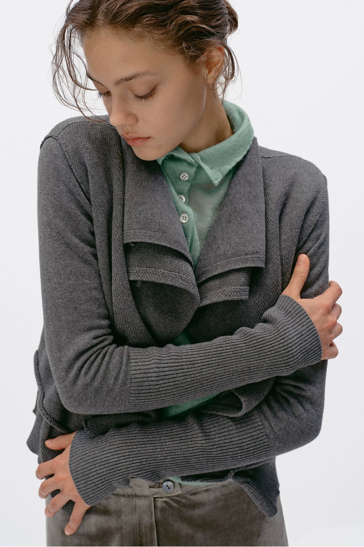 Origami Double-Layer Drape Knit Cardigan - Charcoal Heather front