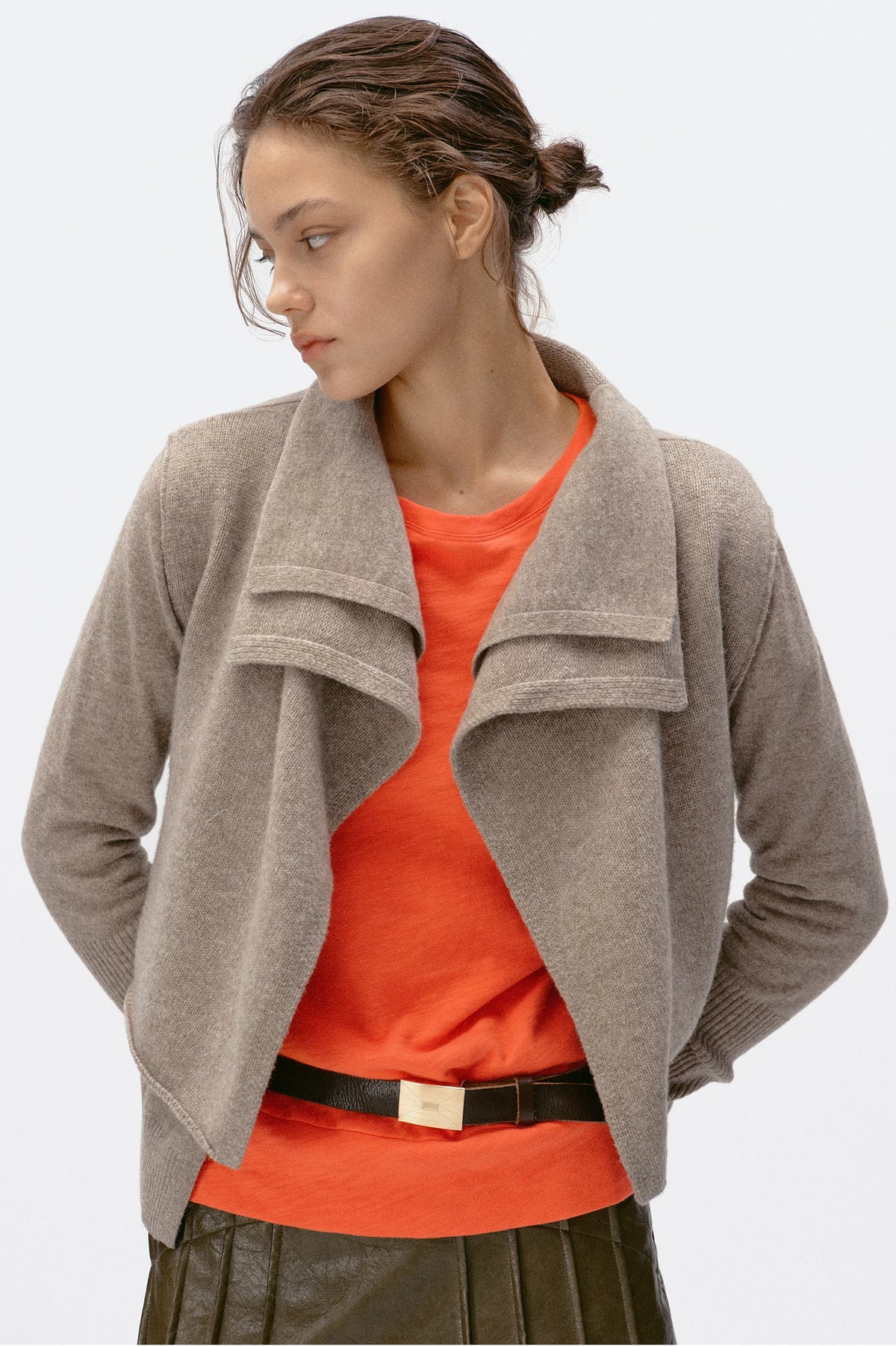 Origami Double-Layer Drape Knit Cardigan - Heather Taupe front