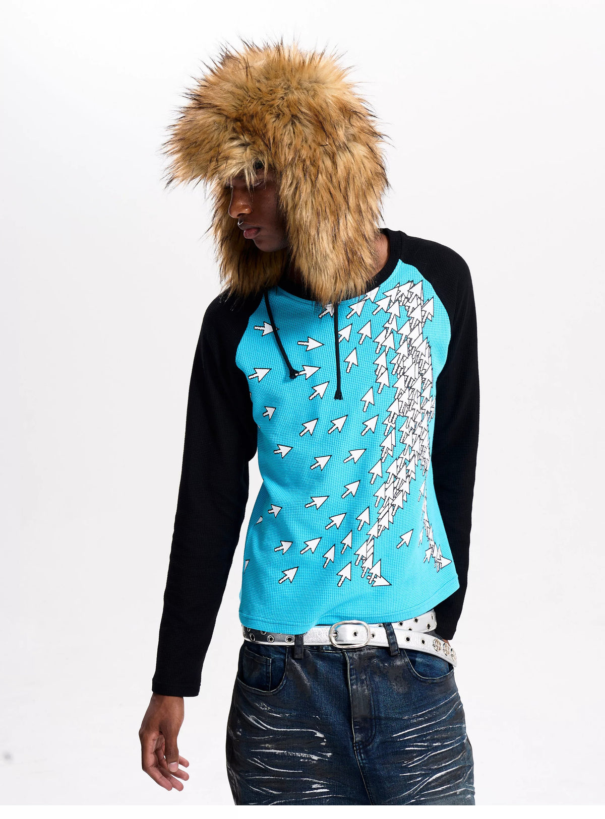 Fourth3ex Arrow Print Waffle Raglan Long Sleeve Tee - front detail