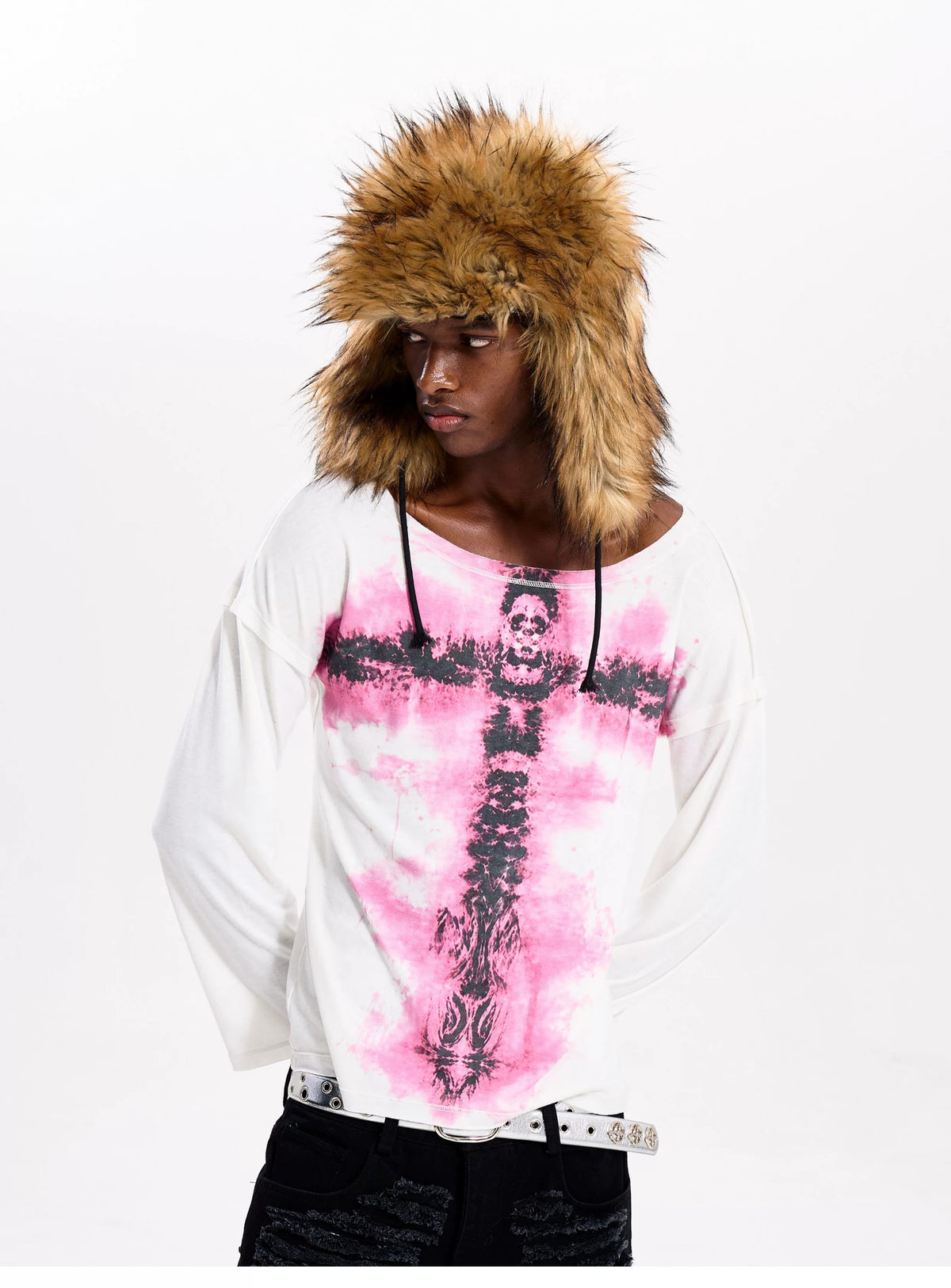 Fourth3ex Pink Cross Print Layered Long Sleeve Tee - neckline cord detail