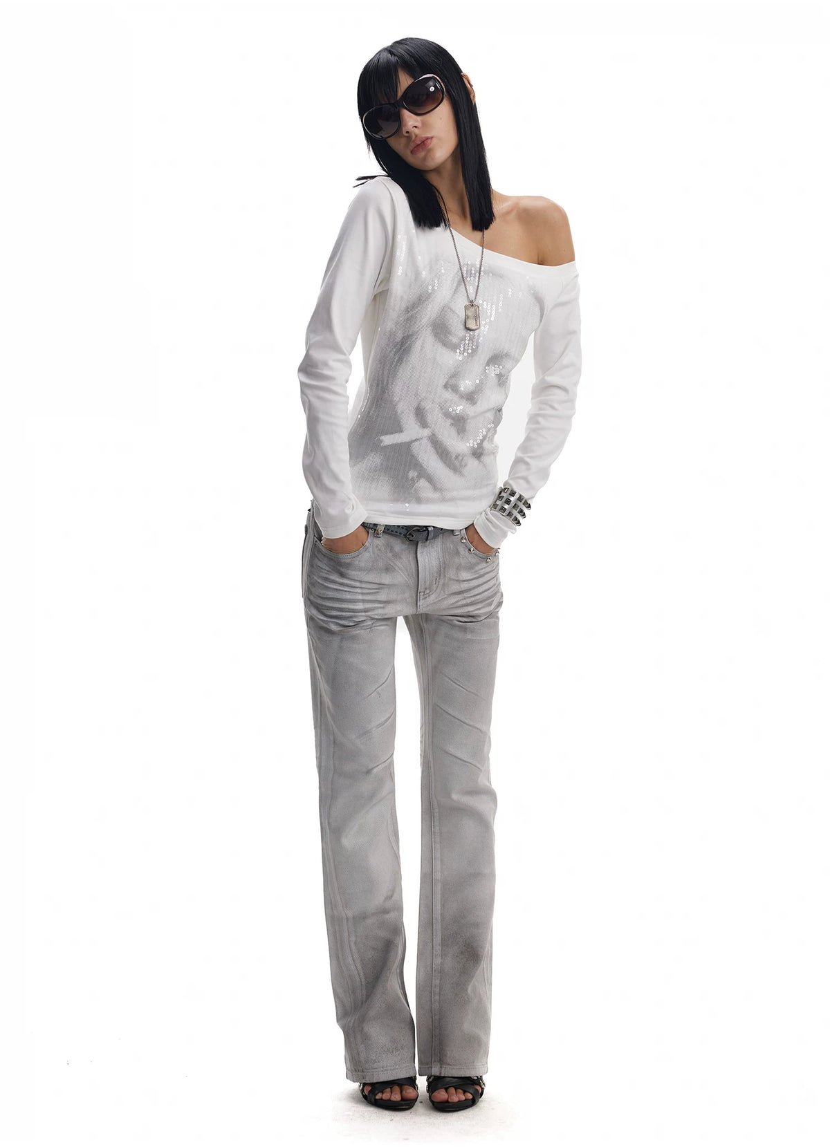noE Sequin Portrait Off-Shoulder Long Sleeve Top - White full-length front
