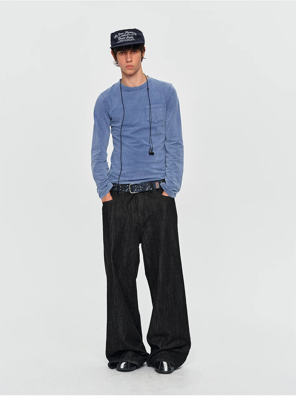 Washed Vintage Pocket Long Sleeve Tee - Washed Blue outfit