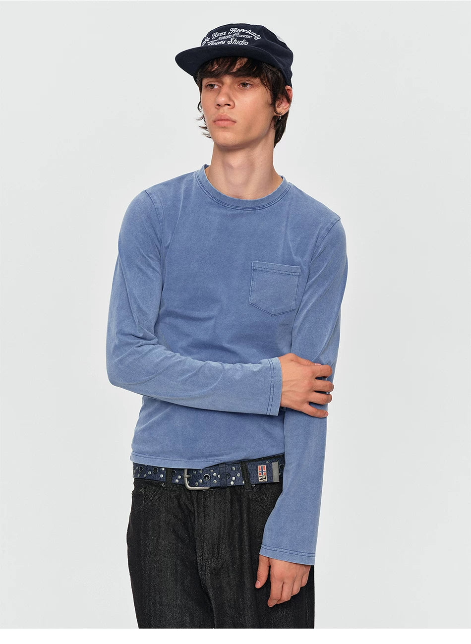 Washed Vintage Pocket Long Sleeve Tee - Washed Blue close-up