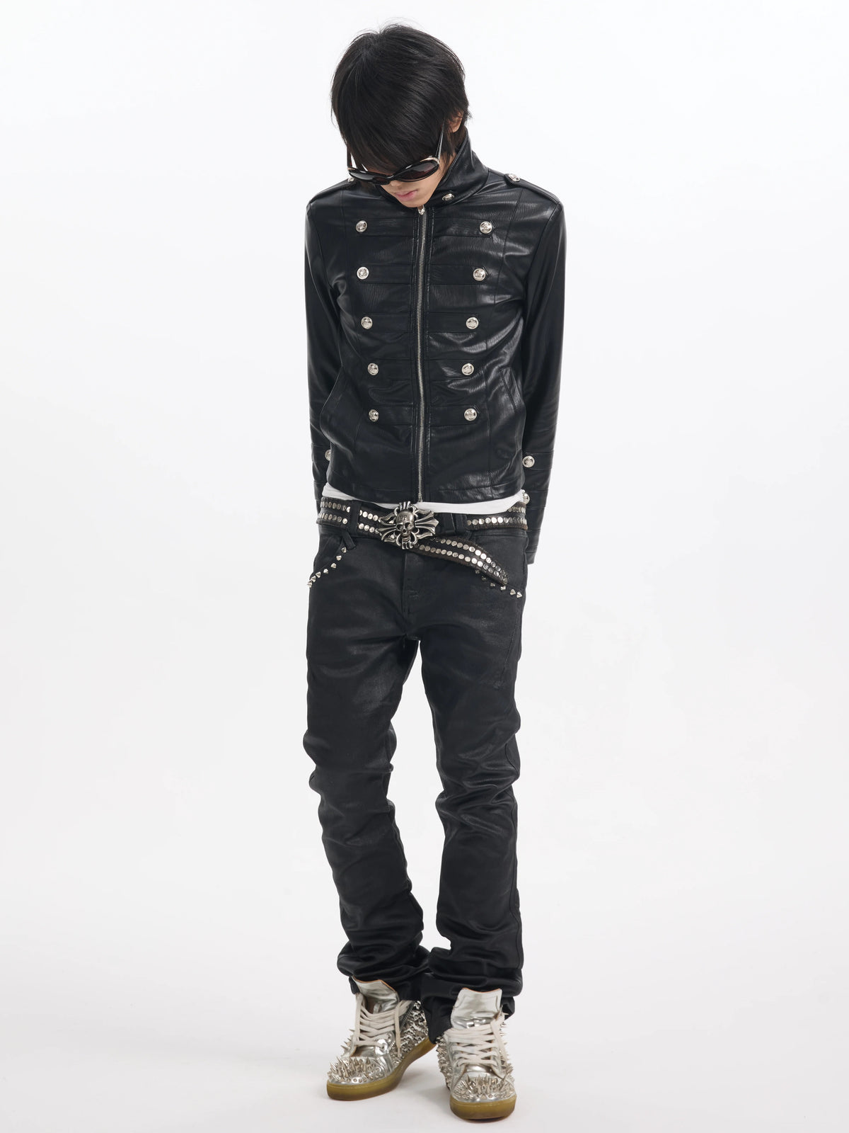 NumbAsia Military Button Epaulet Faux Leather Jacket - Black full-length front