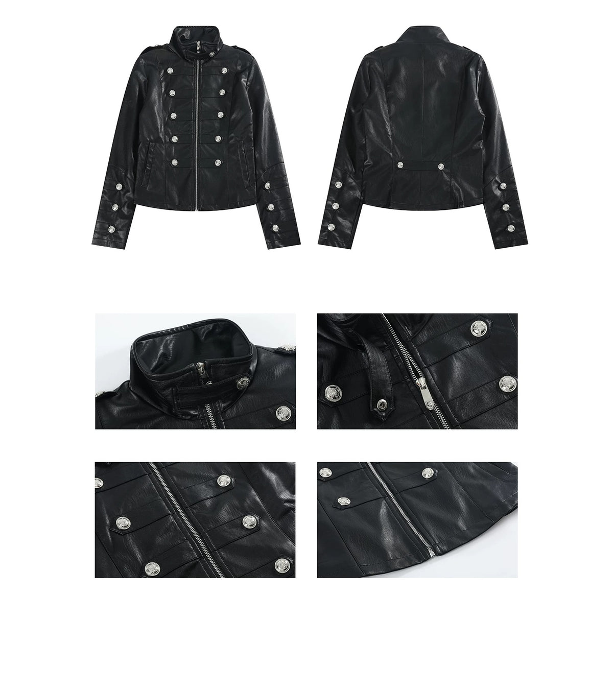 NumbAsia Military Button Epaulet Faux Leather Jacket - Black flat lay front and back with details