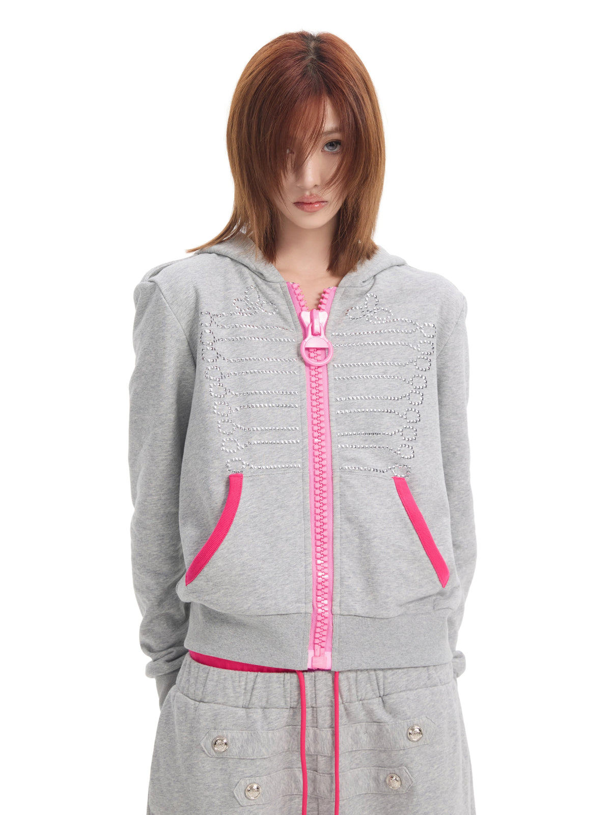 NumbAsia Studded Hussar Pink Jumbo Zip Hoodie - Heather Grey front close-up