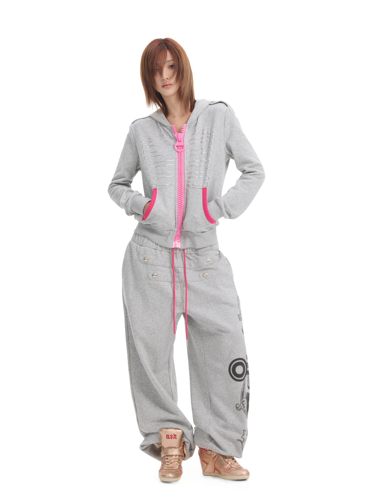 NumbAsia Studded Hussar Pink Jumbo Zip Hoodie - Heather Grey back view