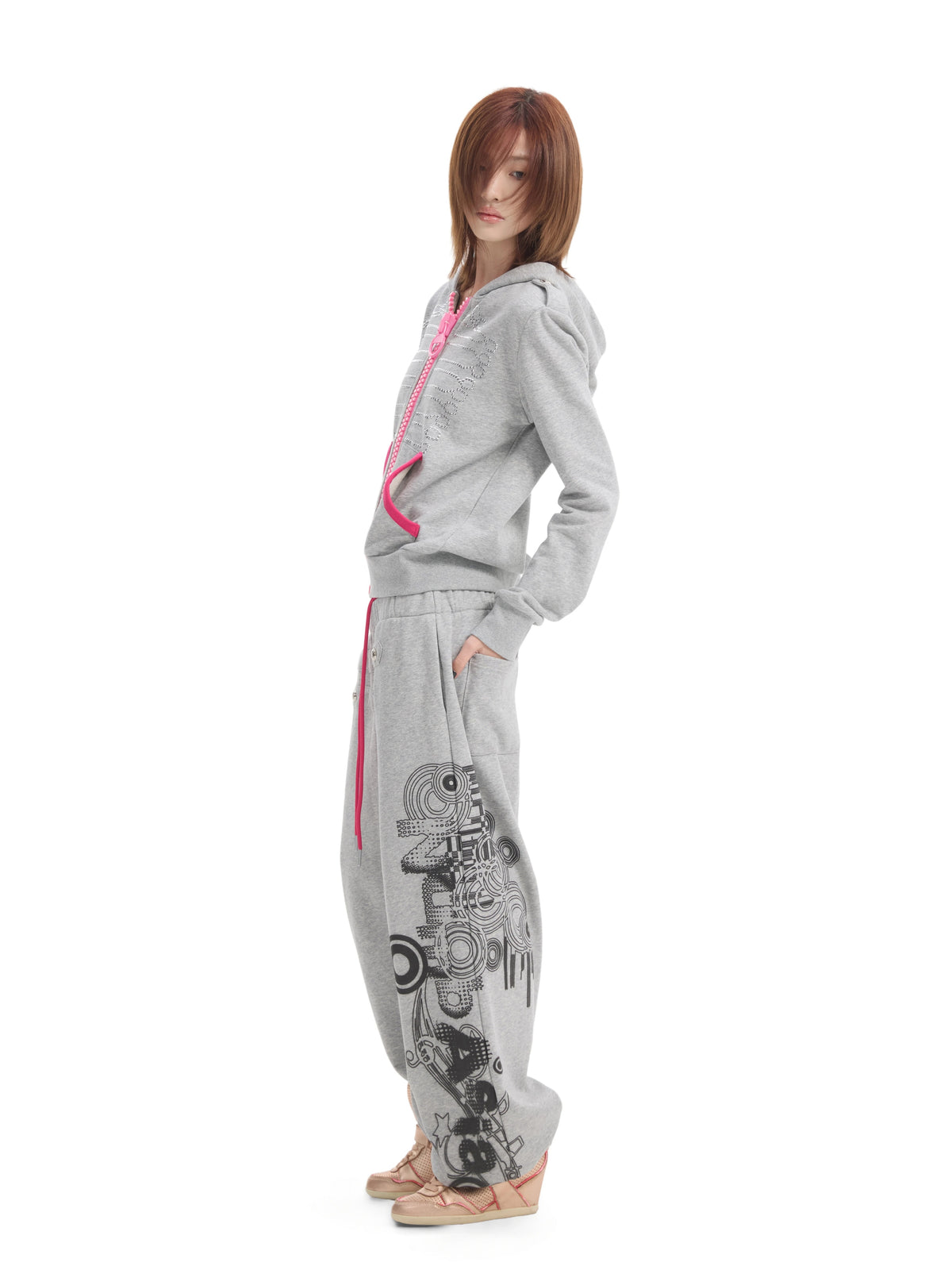 NumbAsia Studded Hussar Pink Jumbo Zip Hoodie - Heather Grey flat lay front