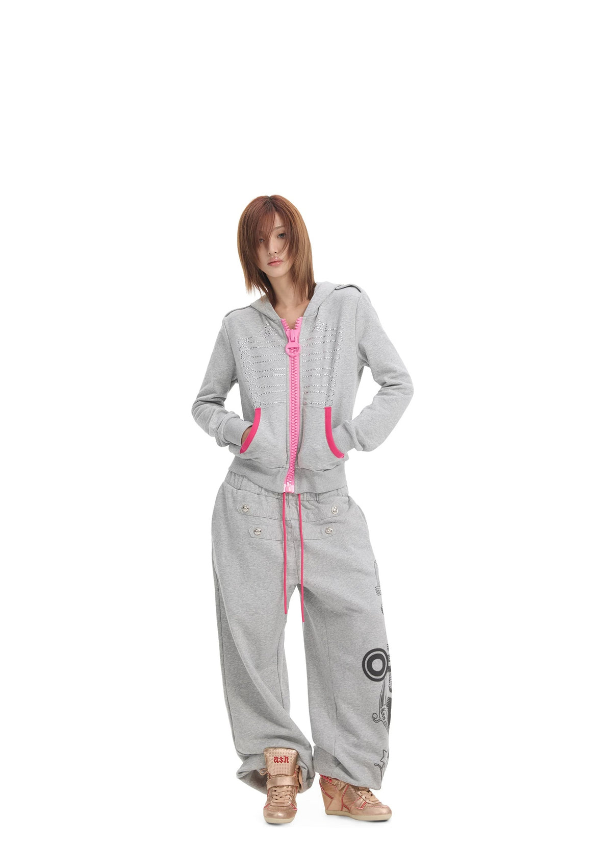 NumbAsia Studded Hussar Pink Jumbo Zip Hoodie - Heather Grey lookbook full outfit