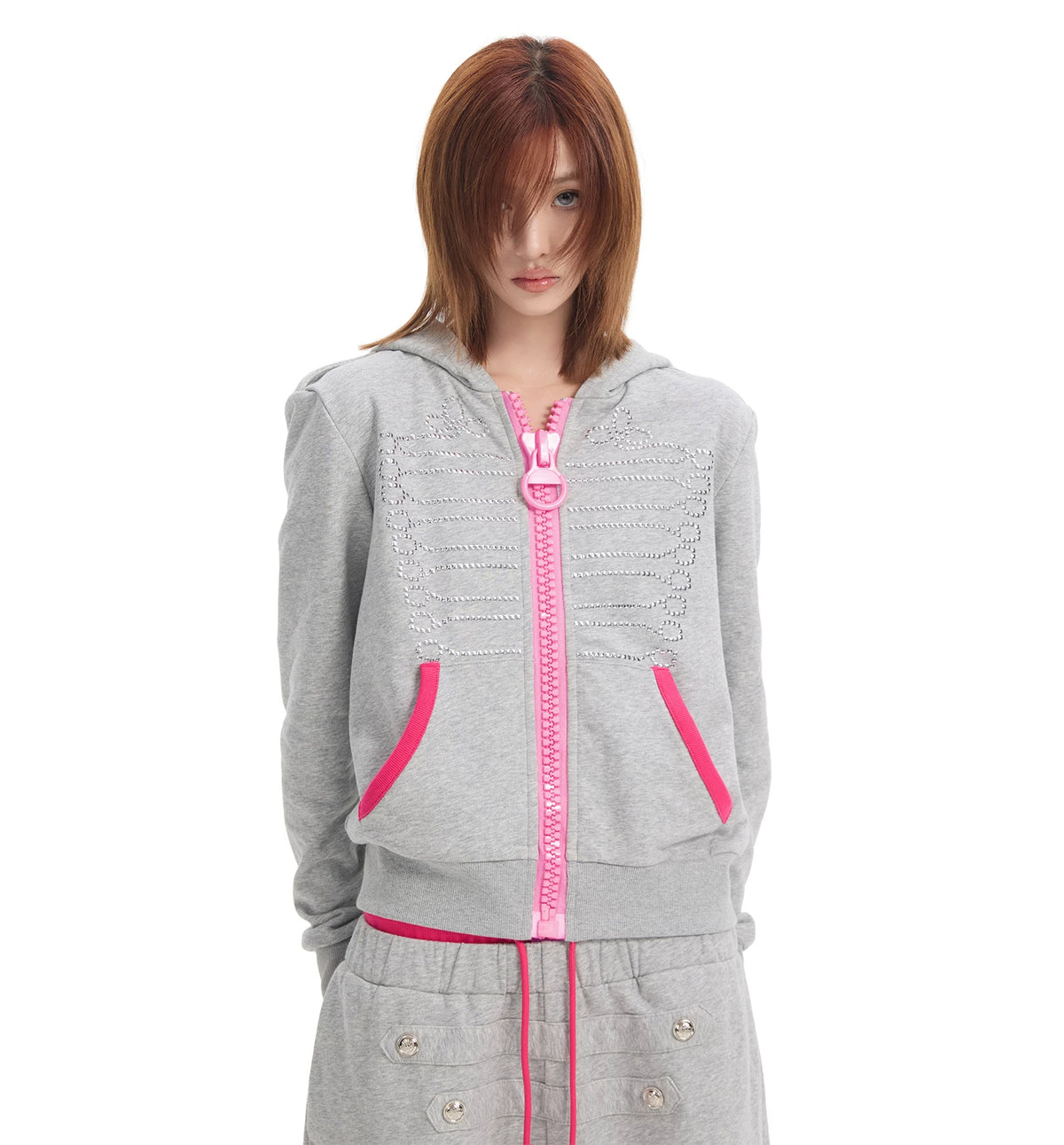 NumbAsia Studded Hussar Pink Jumbo Zip Hoodie - Heather Grey front on model