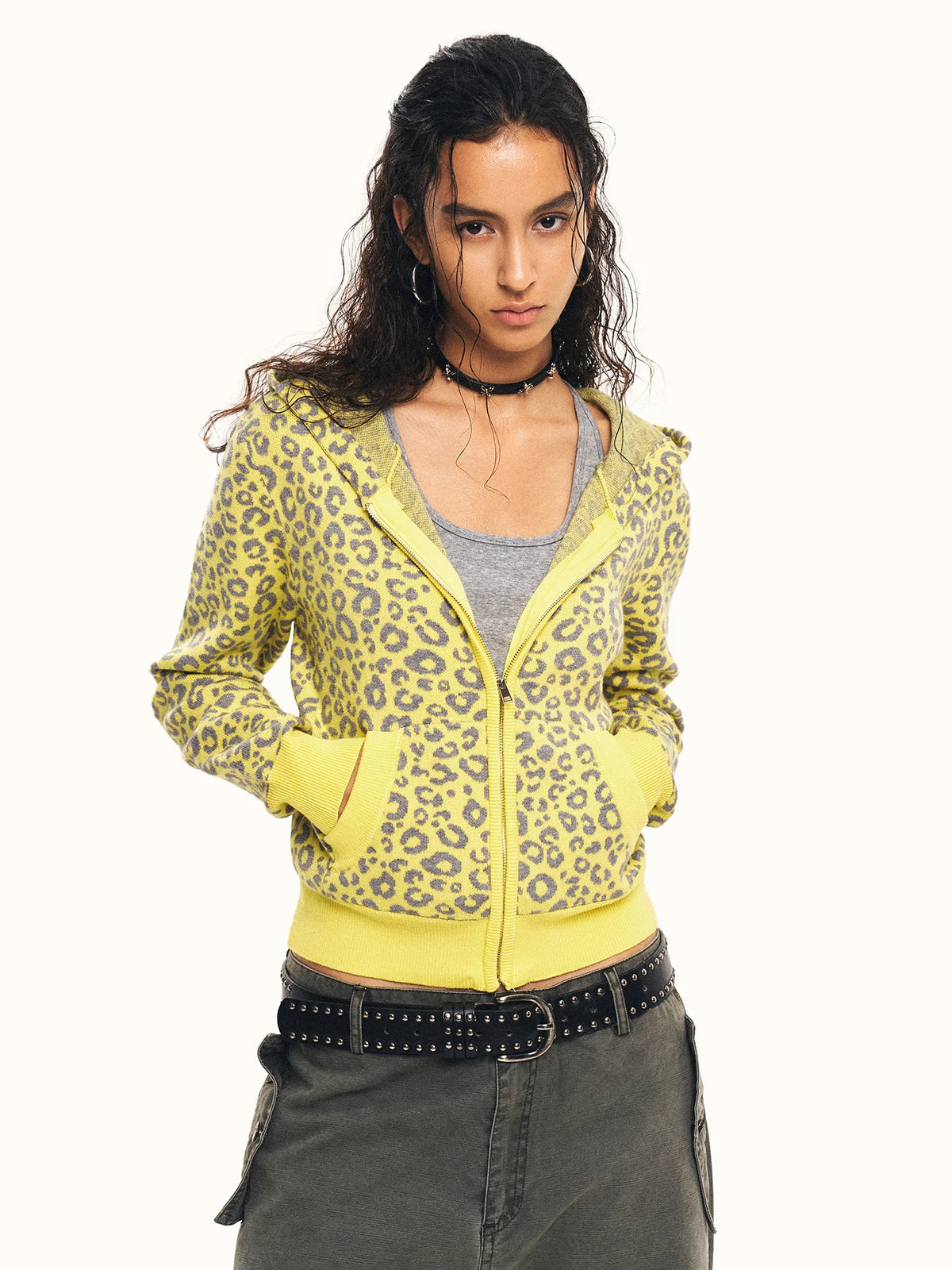 0123Start Leopard Knit Hooded Zip-Up Cardigan - Yellow front