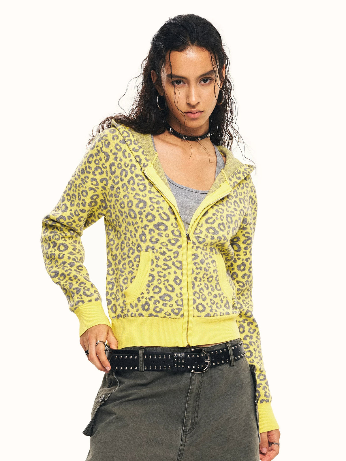 0123Start Leopard Knit Hooded Zip-Up Cardigan - Yellow side pose