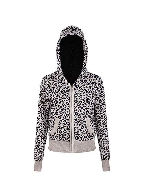 0123Start Leopard Knit Hooded Zip-Up Cardigan - Gray flat lay front