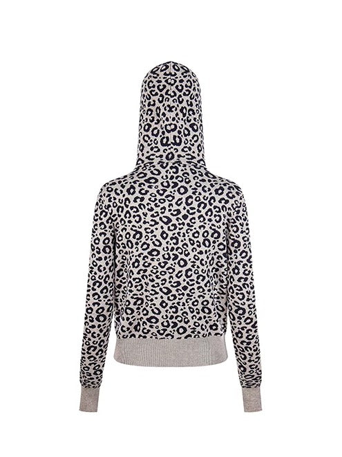 0123Start Leopard Knit Hooded Zip-Up Cardigan - Gray flat lay back
