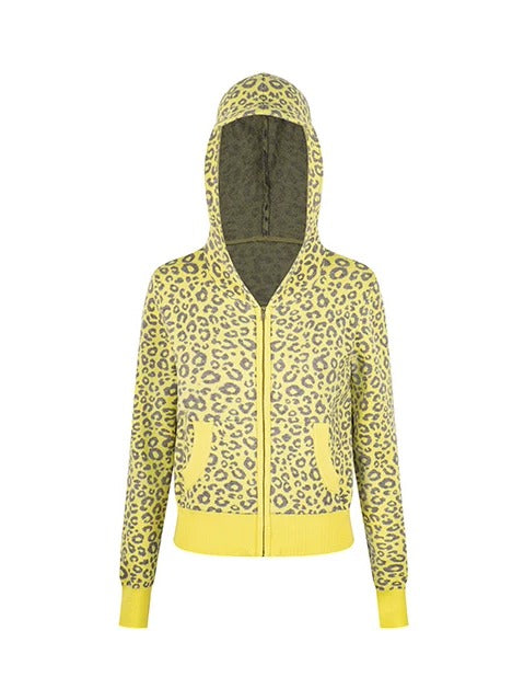 0123Start Leopard Knit Hooded Zip-Up Cardigan - Yellow flat lay front