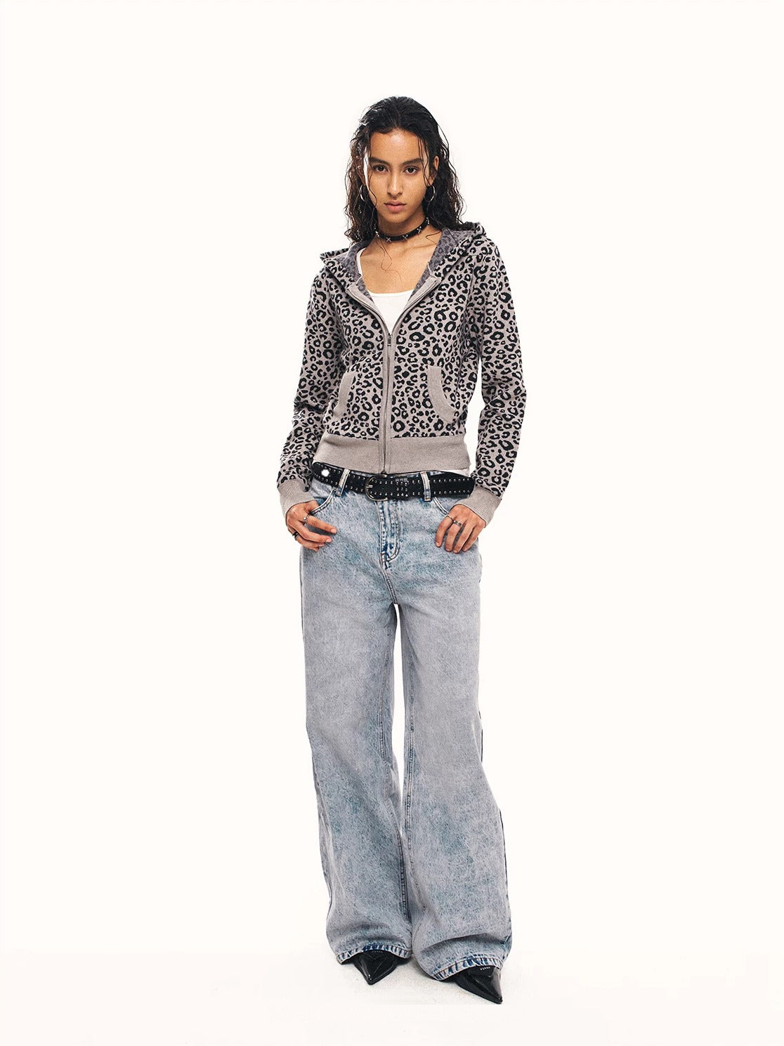 0123Start Leopard Knit Hooded Zip-Up Cardigan - Gray full-length outfit