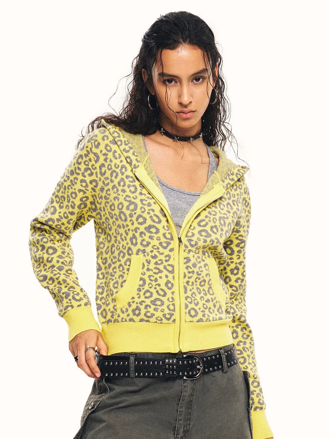 0123Start Leopard Knit Hooded Zip-Up Cardigan - Yellow model front