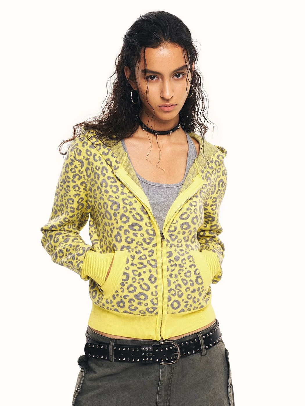 0123Start Leopard Knit Hooded Zip-Up Cardigan - Yellow hands in pockets