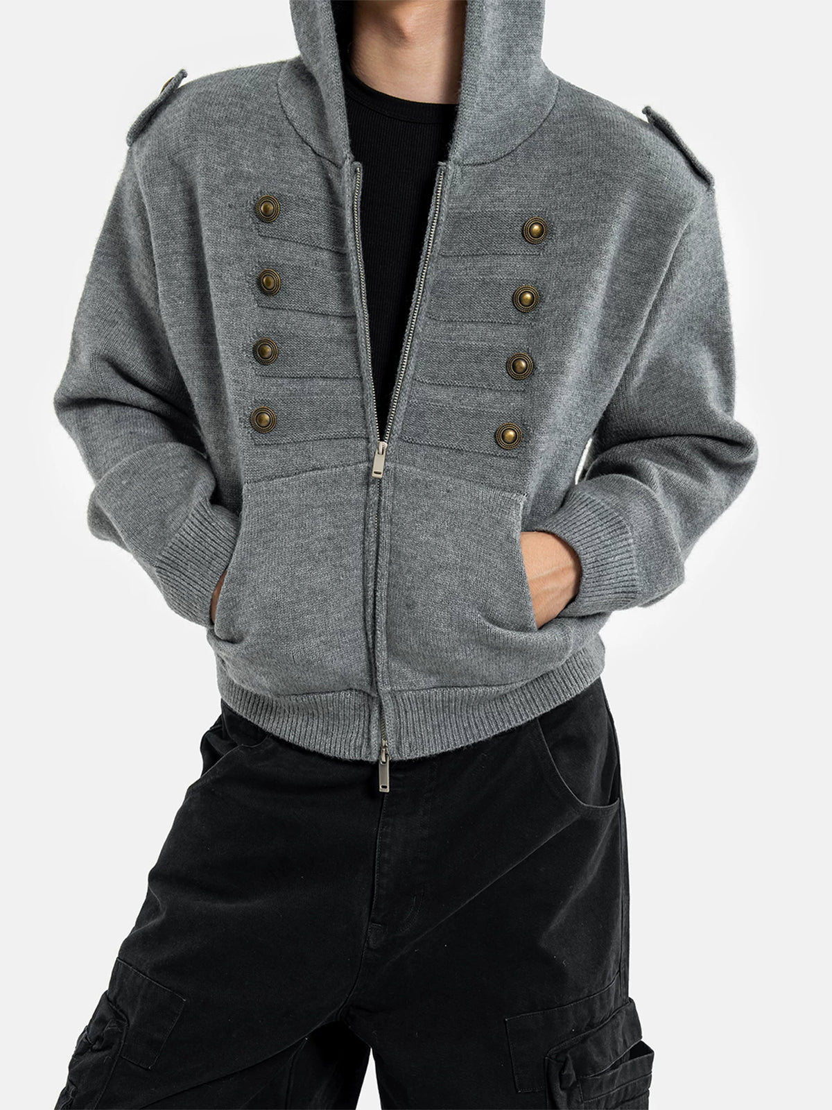 Vintage Double-Breasted Hooded Knit Cardigan - view 3