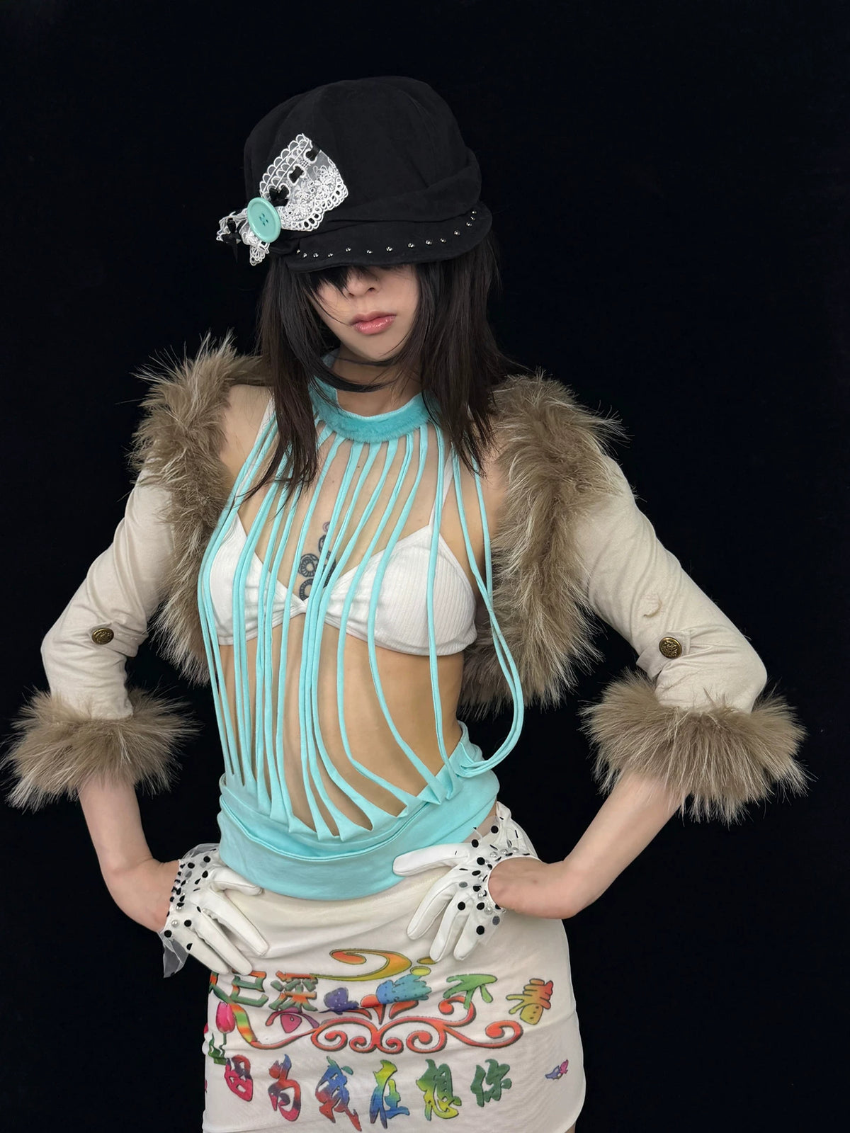Polka Dot Mesh Ruffle Half-Hand Faux Leather Gloves - view 6