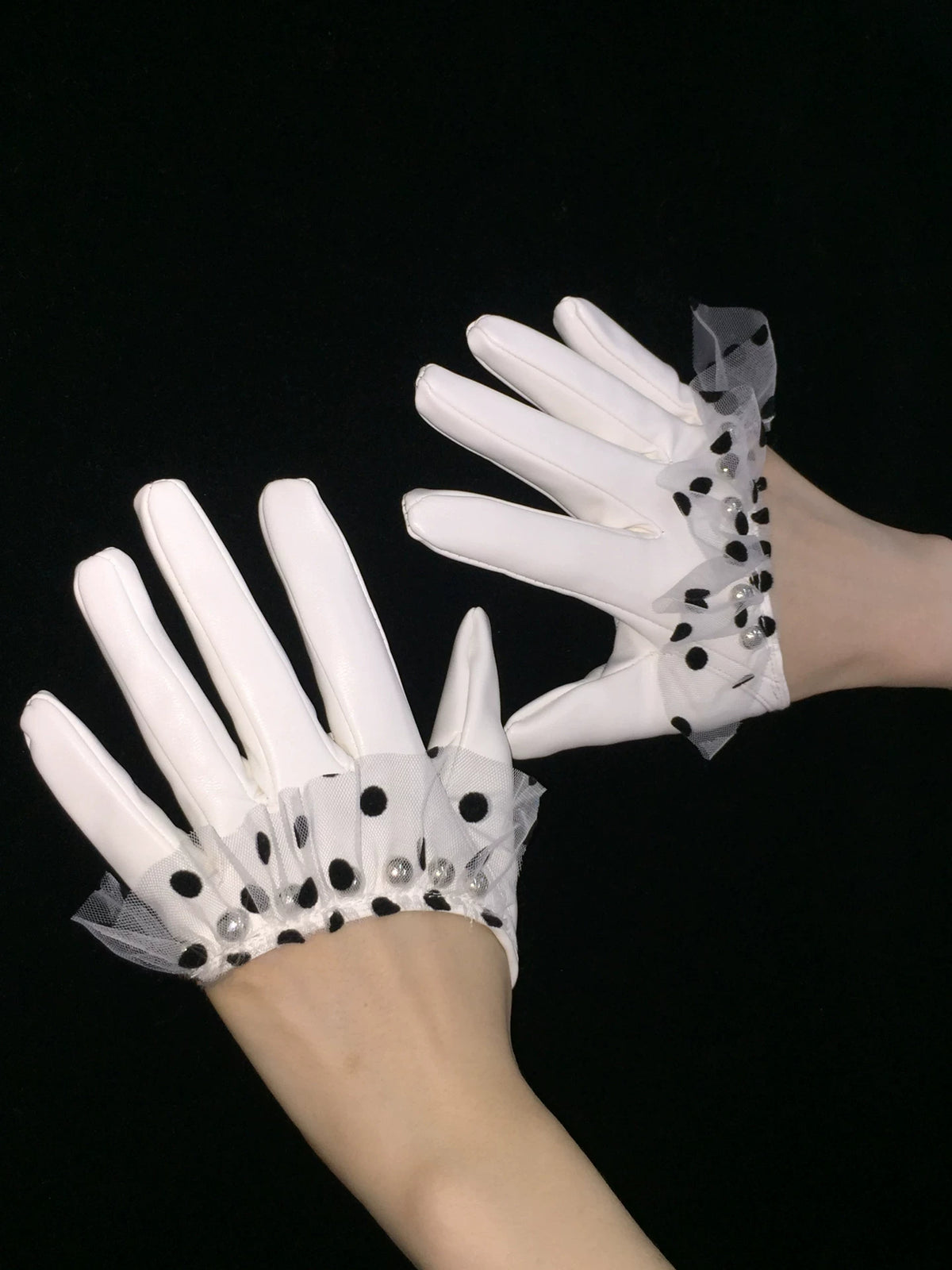 Polka Dot Mesh Ruffle Half-Hand Faux Leather Gloves - view 11