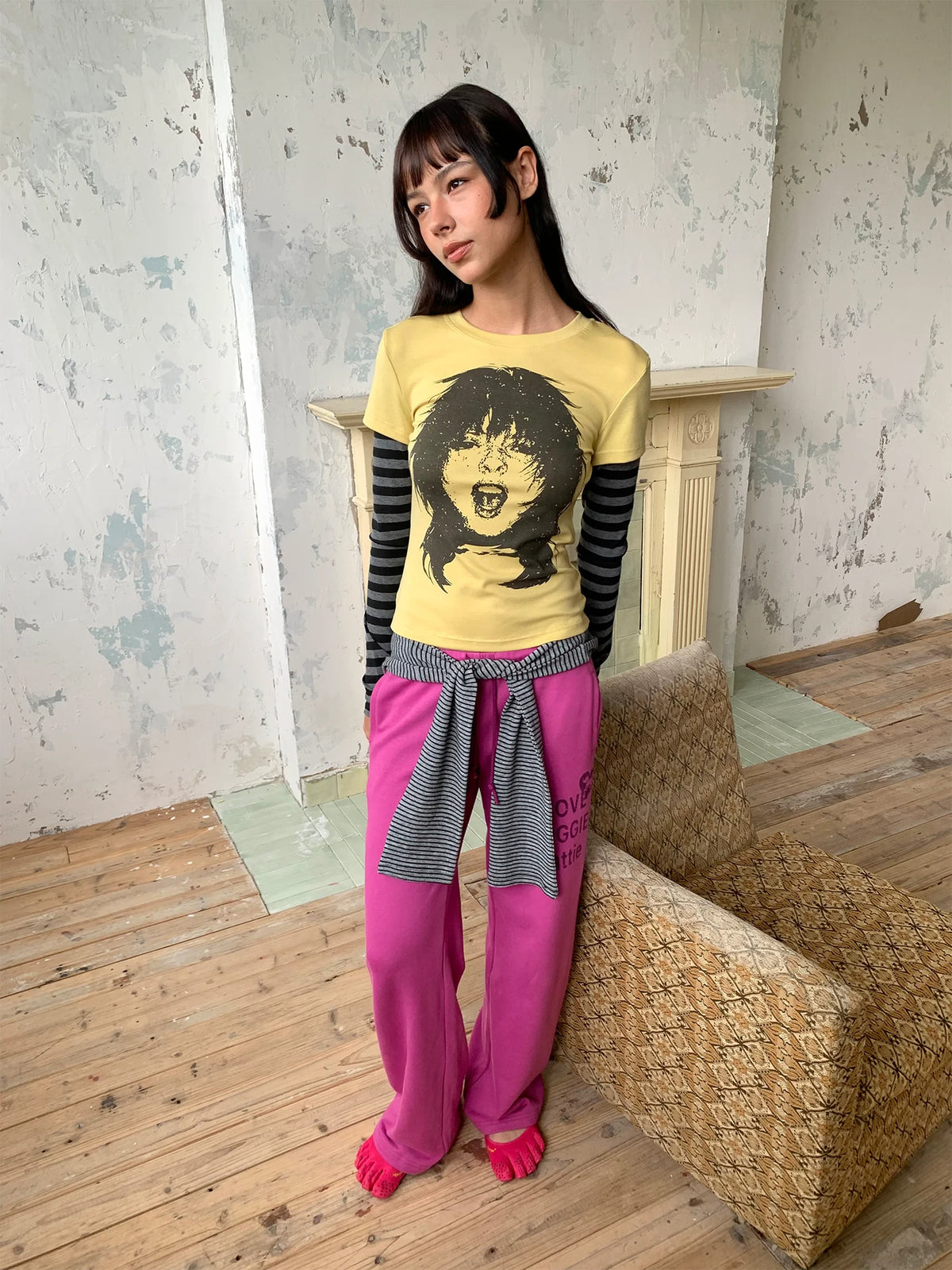 Rock Portrait Print Striped Layered Long Sleeve Tee - Yellow front