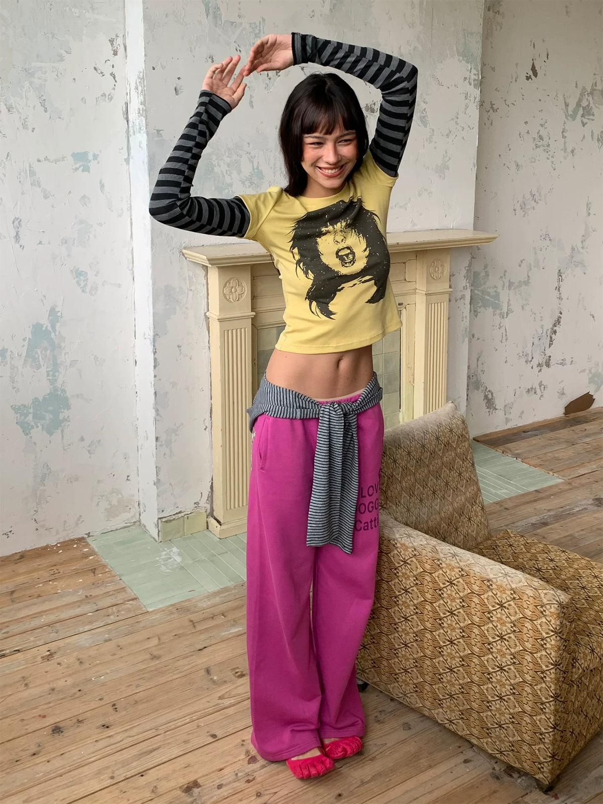 Rock Portrait Print Striped Layered Long Sleeve Tee - Yellow arms raised