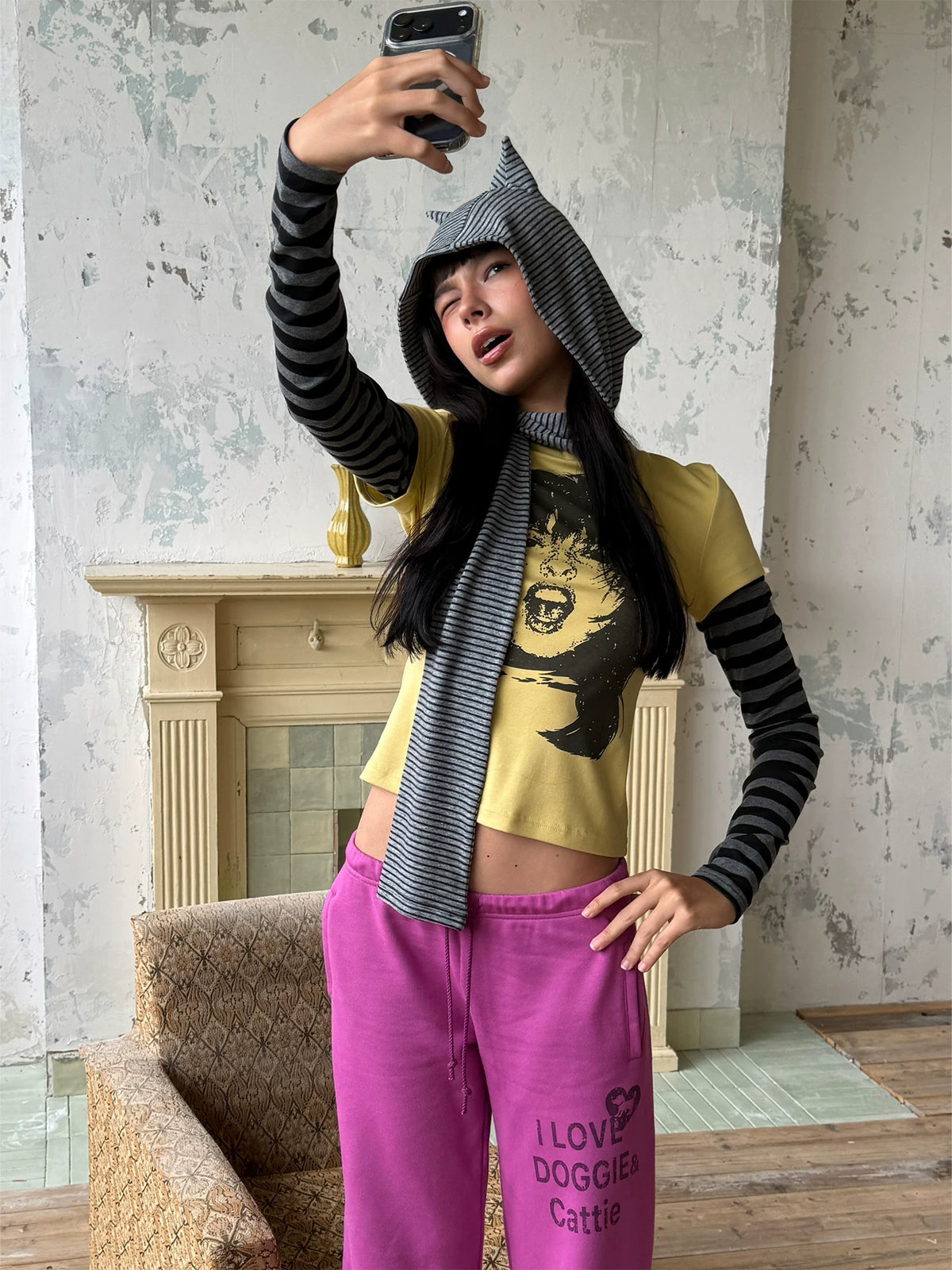 Rock Portrait Print Striped Layered Long Sleeve Tee - Yellow side pose