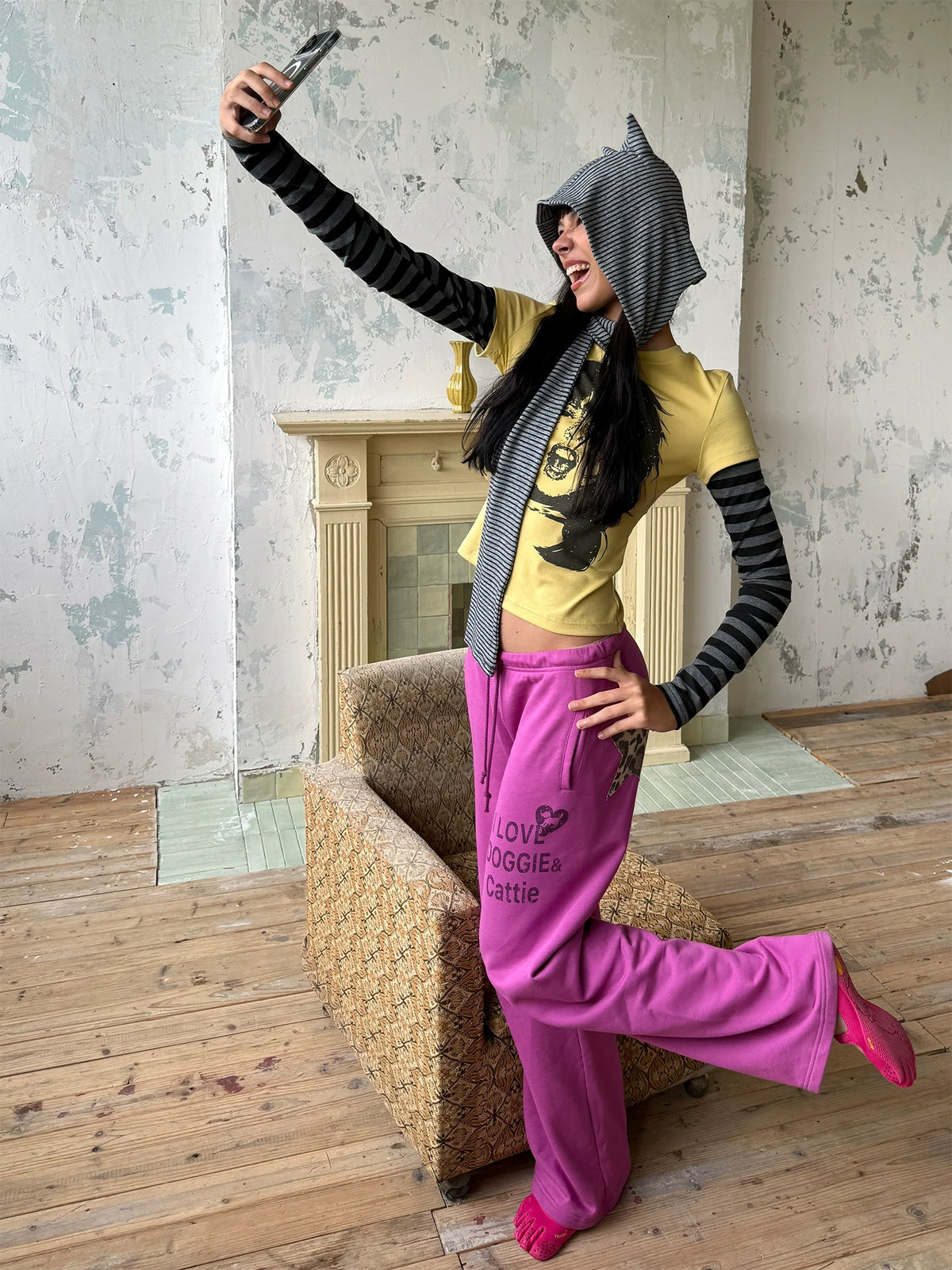 Rock Portrait Print Striped Layered Long Sleeve Tee - Yellow full outfit pose