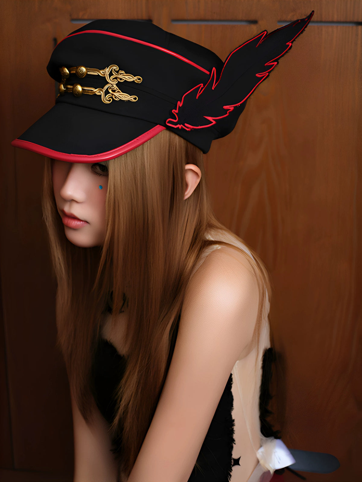 Feather Wing Napoleon Knot Military Cap - Black Red side