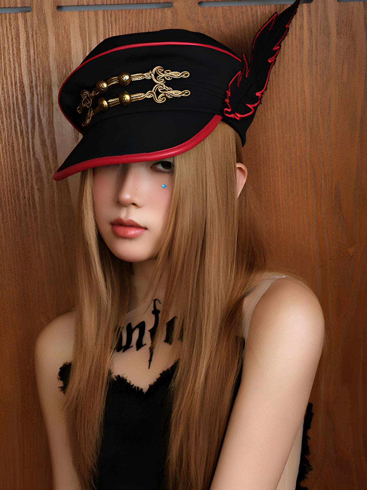 Feather Wing Napoleon Knot Military Cap - Black Red front