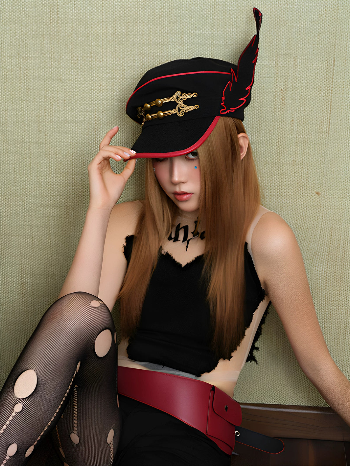 Feather Wing Napoleon Knot Military Cap - Black Red styled