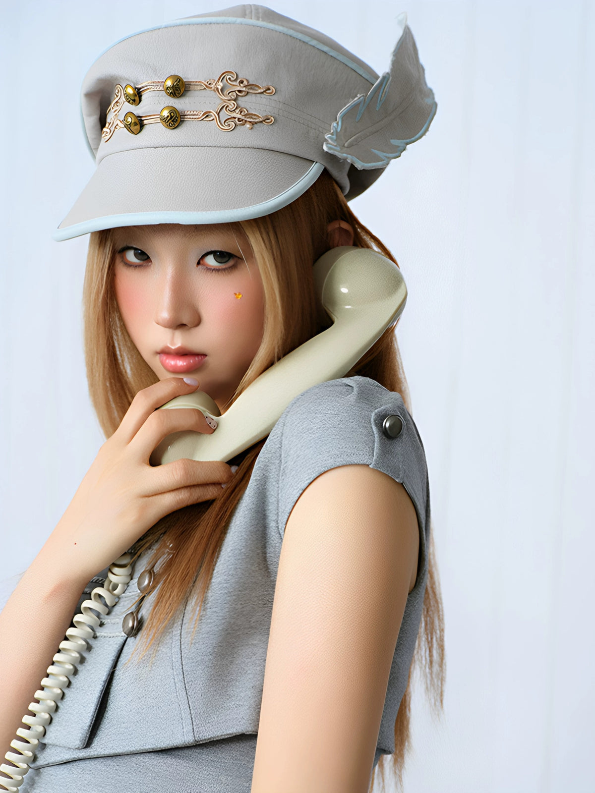 Feather Wing Napoleon Knot Military Cap - Grey Blue close-up
