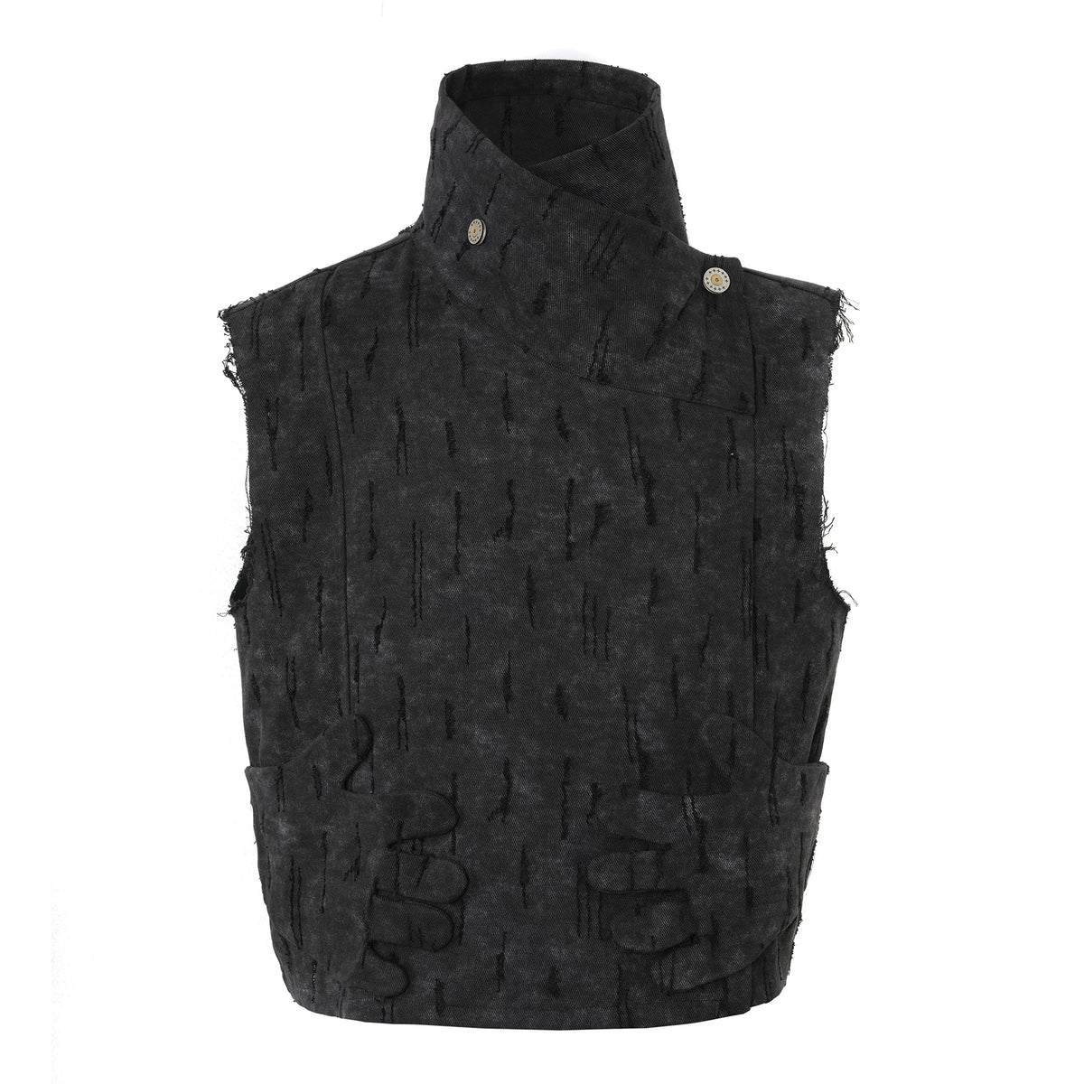Distressed Glove Embrace Techwear Vest - Black front stand collar