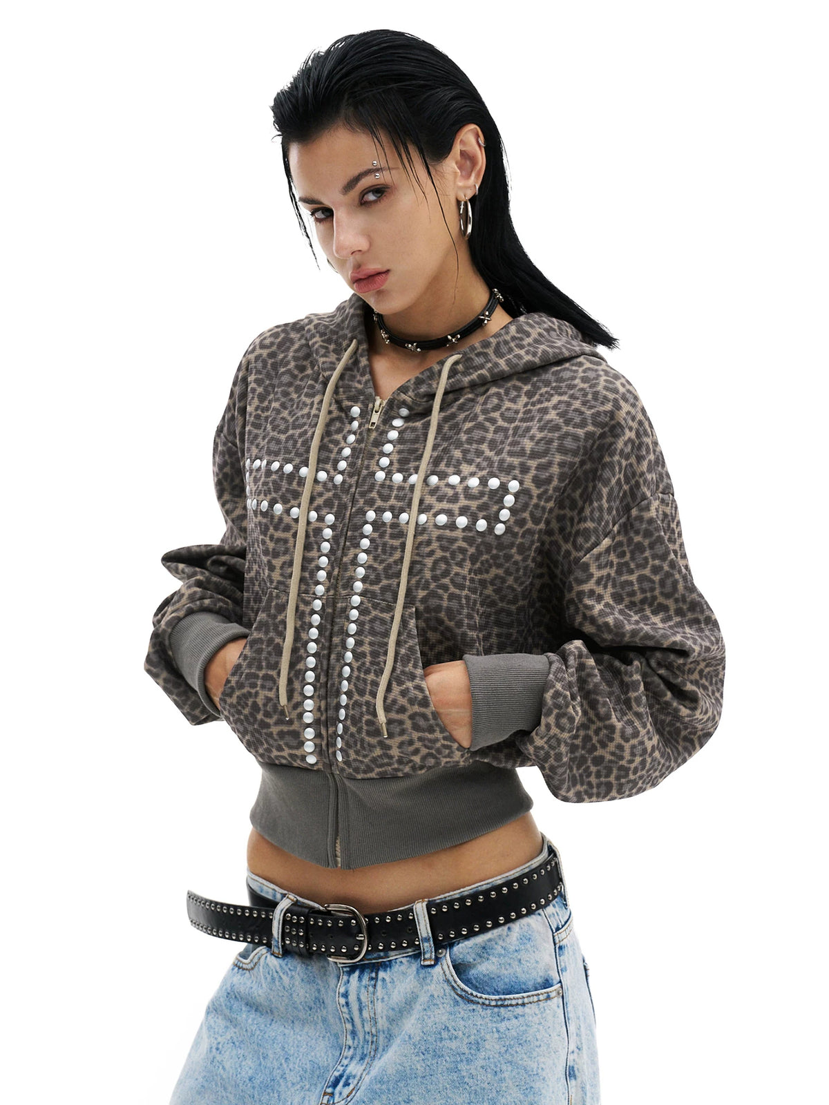 Leopard Studded Cross Cropped Zip-Up Hoodie - Khaki Leopard front