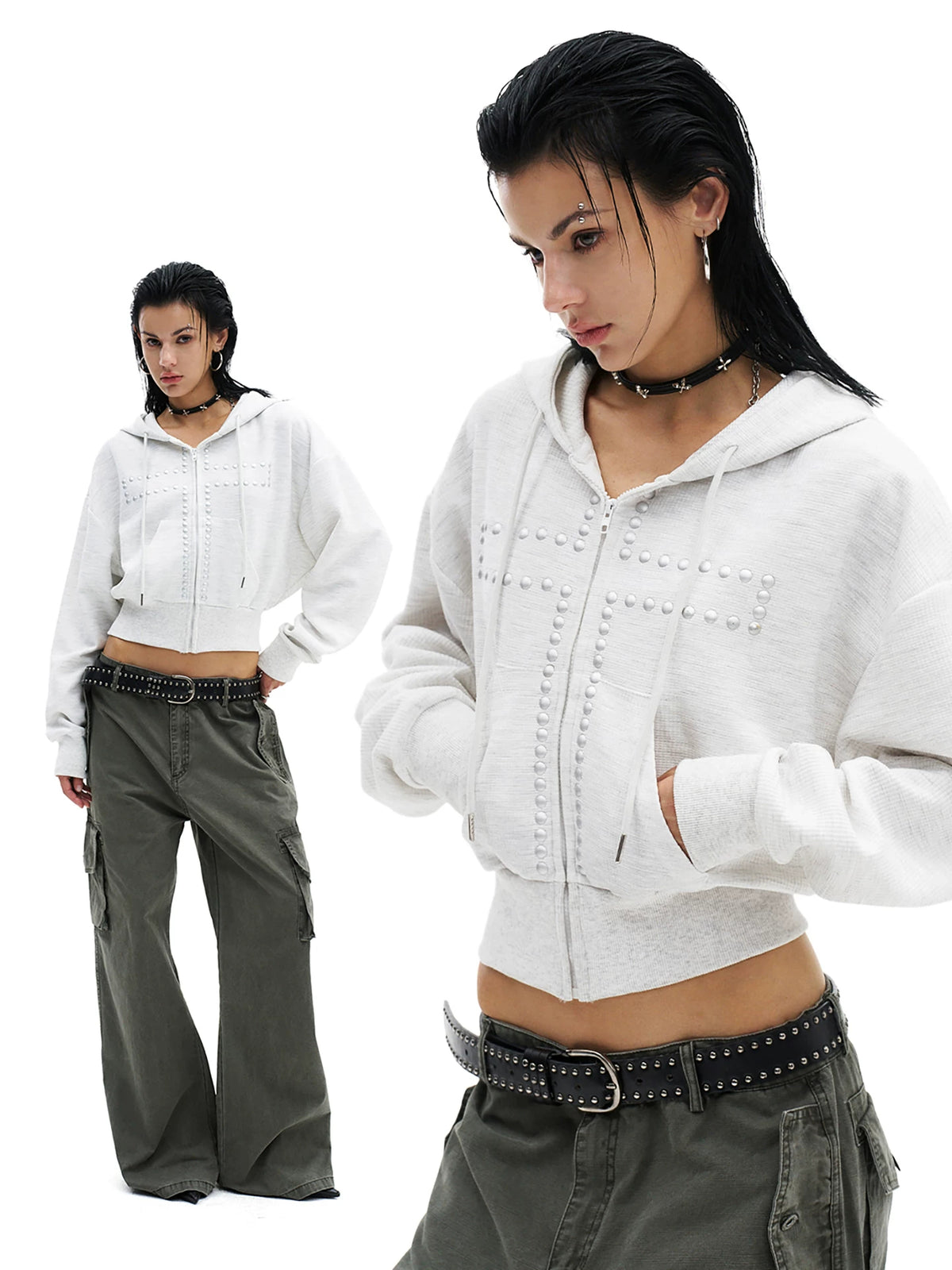 Leopard Studded Cross Cropped Zip-Up Hoodie - Heather Gray model views